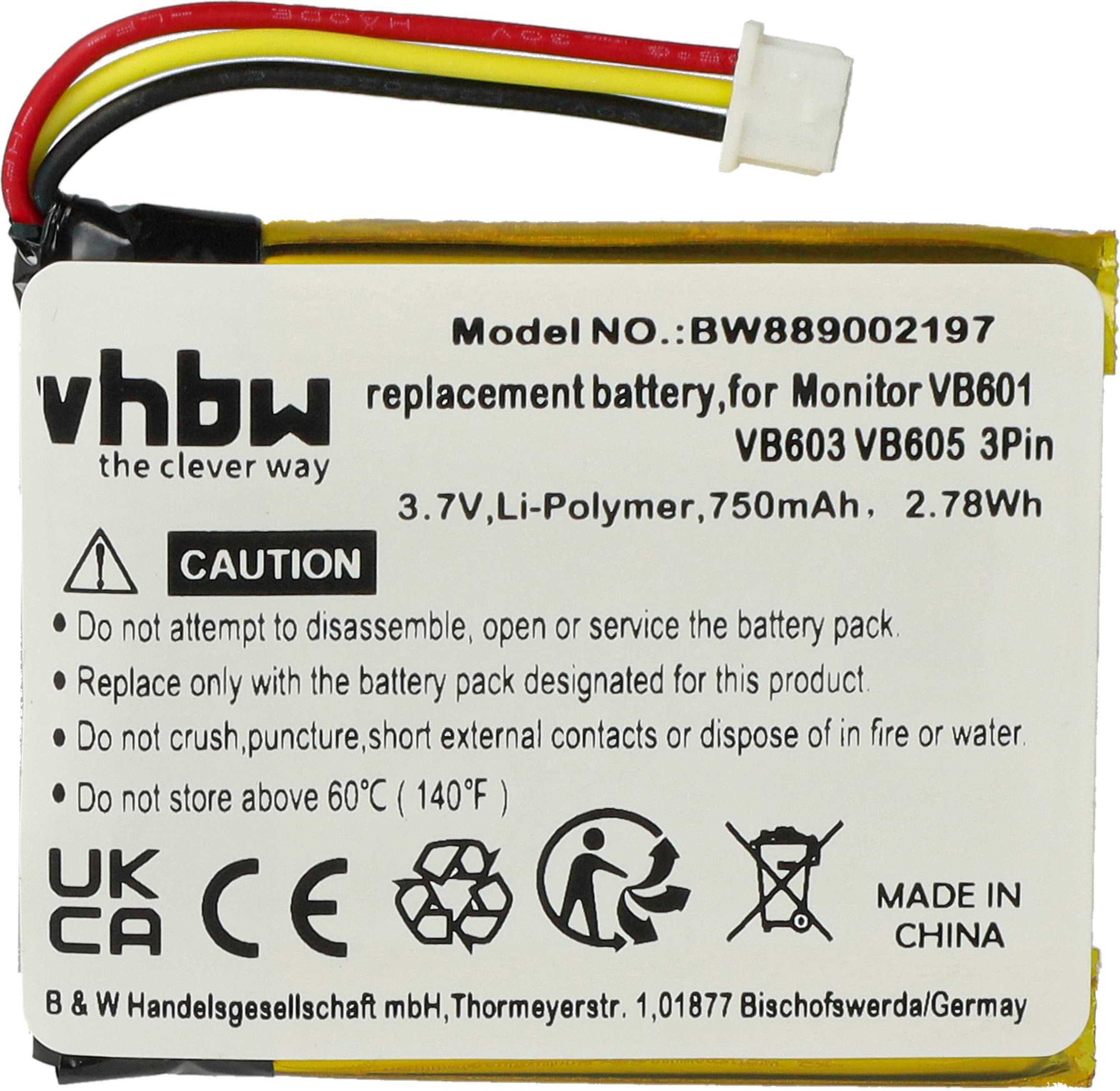 vhbw Akku kompatibel mit Syosin Babyphone Babytalker (750 mAh, 3,7 V, Li-Polymer) 181452788-14
