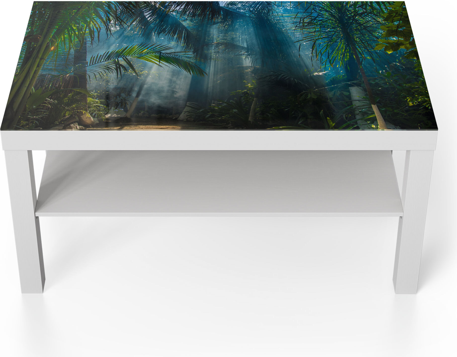 DEQORI Couchtisch 90x55 cm Weiß 'Licht durchdringt Palmen' Glas Beistelltisch TL-90-55-W-1832