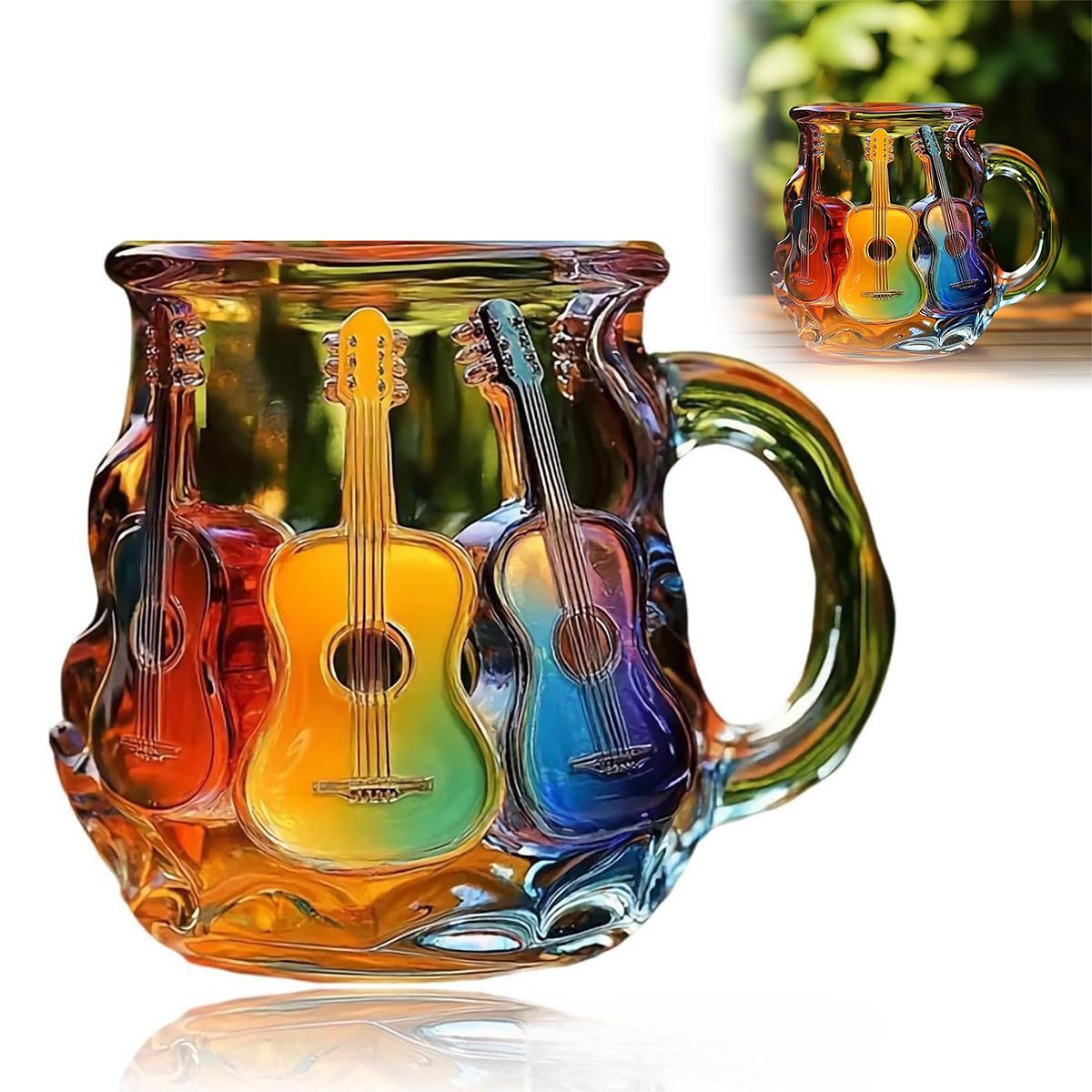 MEIYOU 3D Gitarren-Kaffeetasse , farbiges Glasbecher, handbemalt, Musikdesign, einzigartiges Kunstglas, Geschenk für Musikliebhaber, für Männer & Frauen KAUF-VIST-KF2835-024