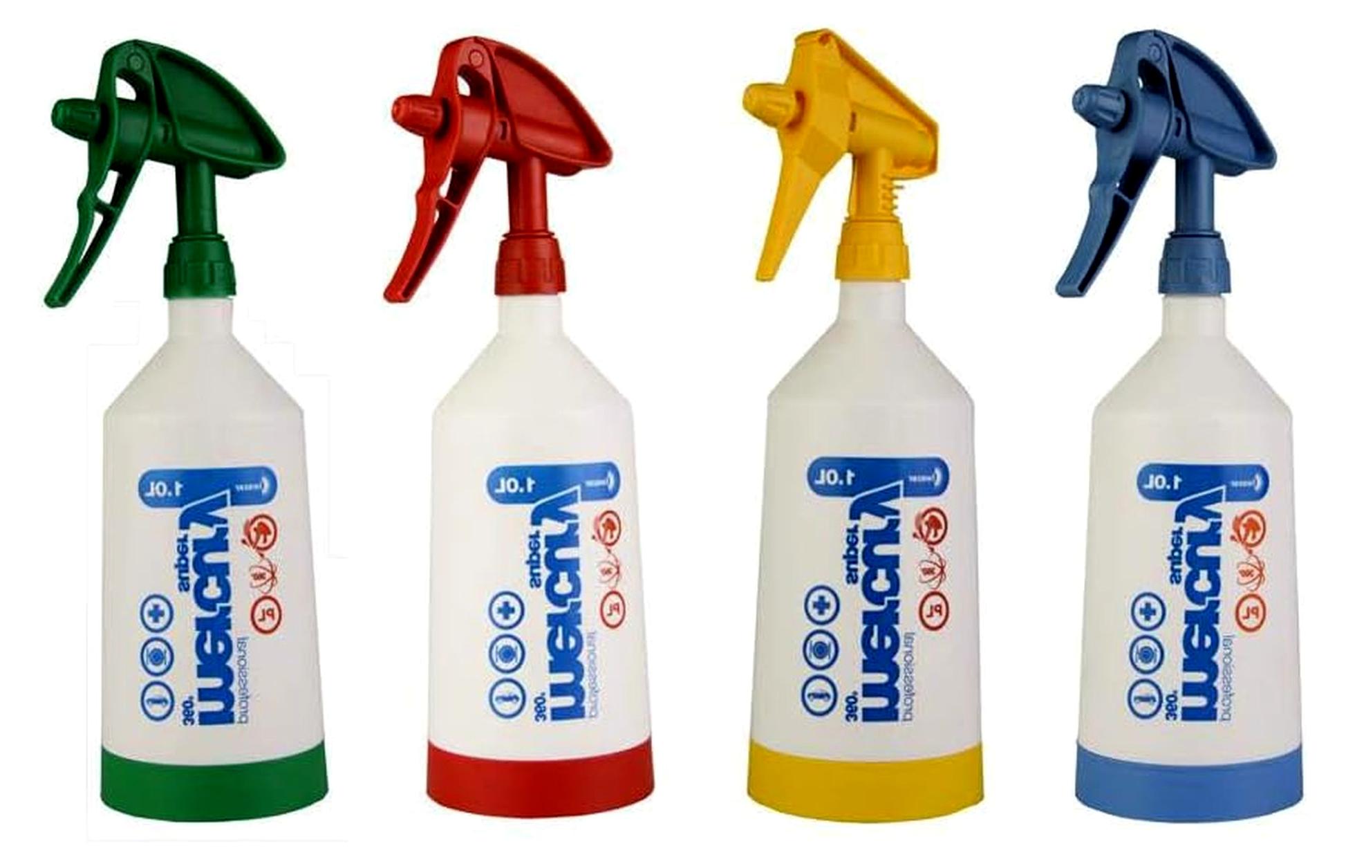 Markenlos 4er Set Mercury Super PRO+ 360 Grad Sprühflaschen mit VITON Dichtungen, 1,0 Liter, in Blau, Rot, Gelb und Grün, inklusive deutscher Anleitung und Pflegehinweisen