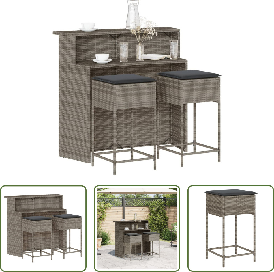 The Living Store 3-dielny záhradný barový set s vankúšmi sivý polyratan