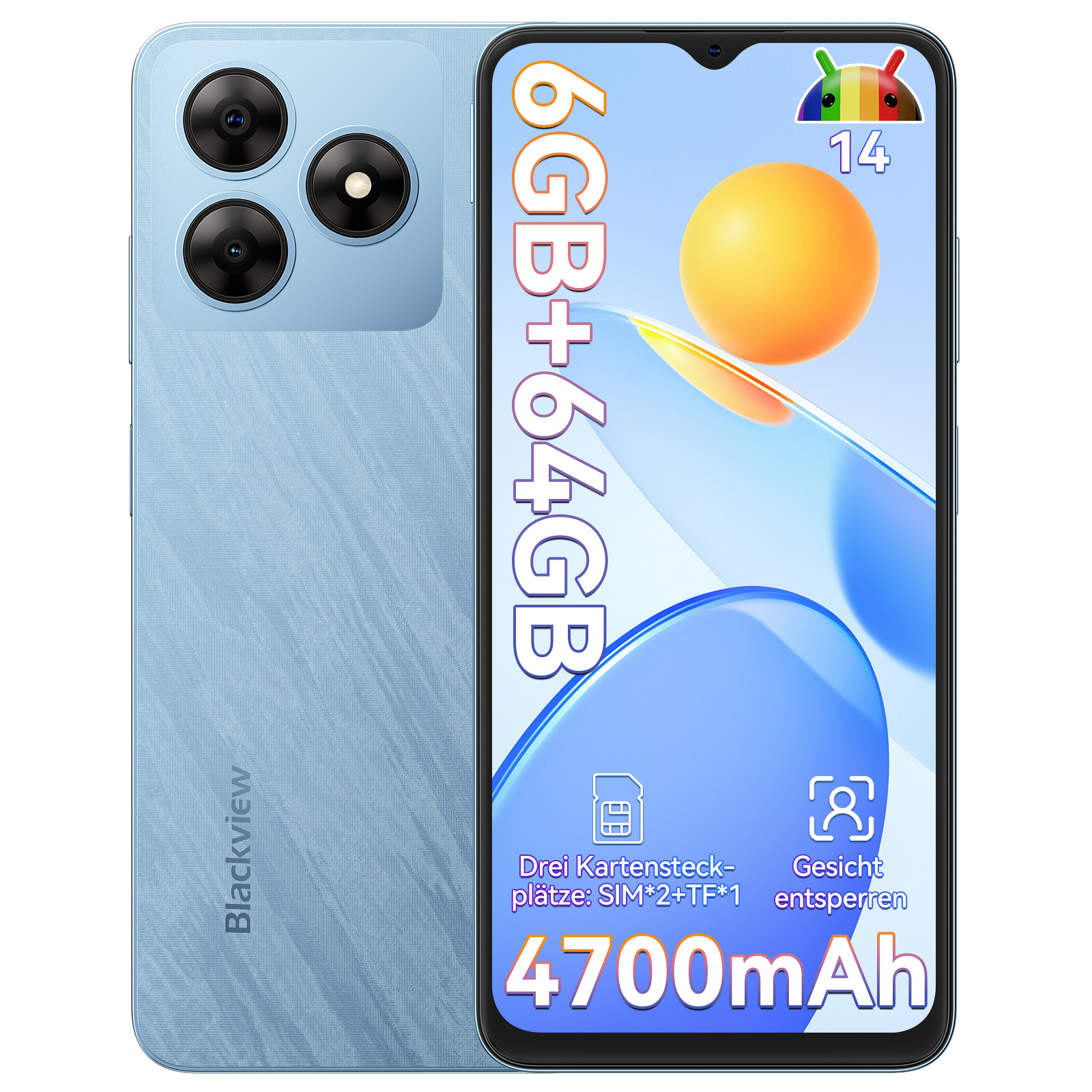 Blackview Wave8C 6,56" smartfón bez zmluvy 6GB+64GB, Dual SIM 4G mobilný telefón, 4700mAh batéria, Fingerprint/Face ID/GPS/5G WiFi, modrá