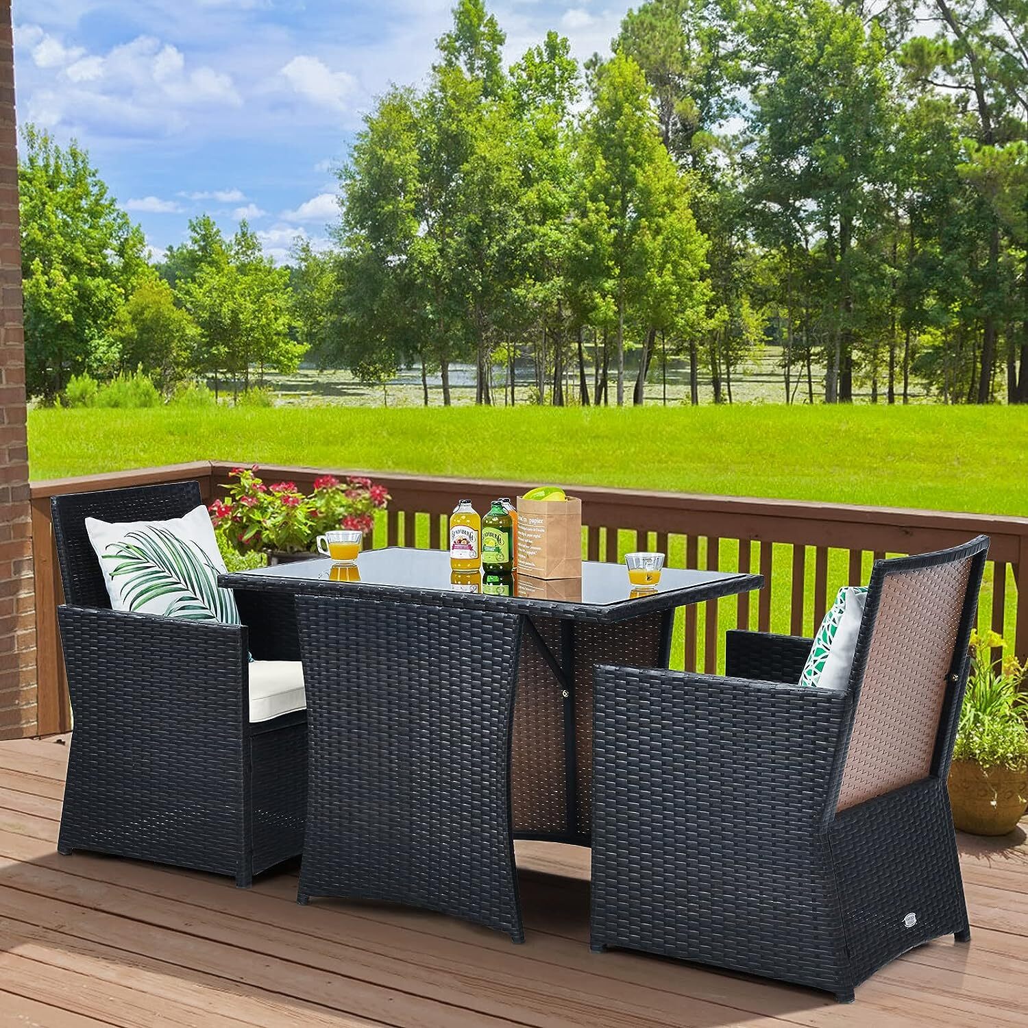 Balkonmoebel Kleiner Balkon, Rattan Gartenmoebel Set Esstisch mit 2 Stühlen, Rattan Balkonmoebel Set Balkon 2 Personen, Balkon Moebel für Kleinen Balkon, inkl. Kissen, Balkonset platzsparend