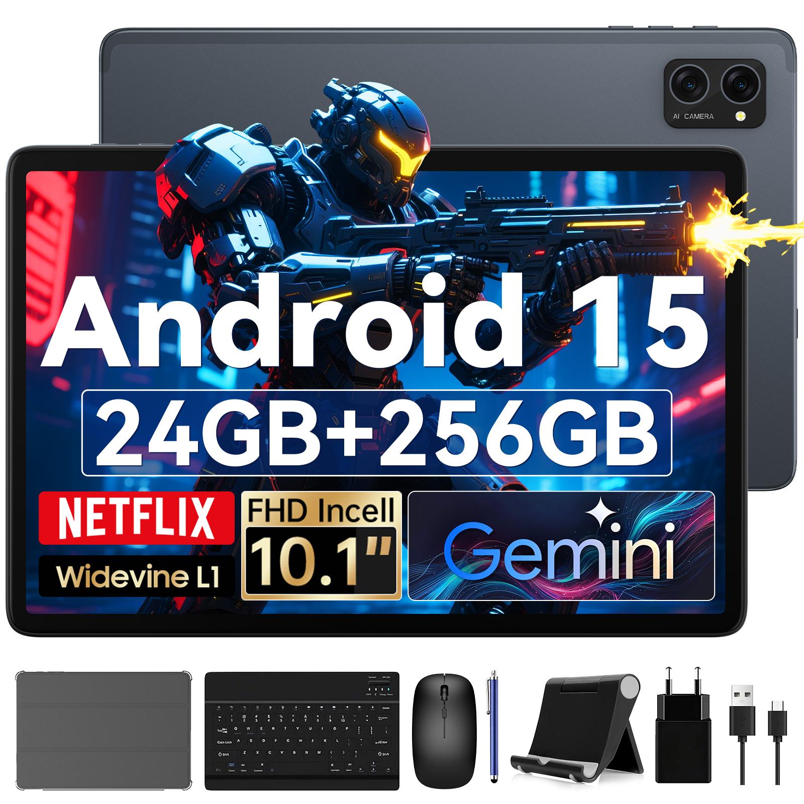 VekfulPC 10 Zoll Set Tablet, 24(8+16)GB RAM+256GB ROM (2TB TF), Android 15/5000mAh/Widevine L1/5G WiFi/Face ID, Grau
