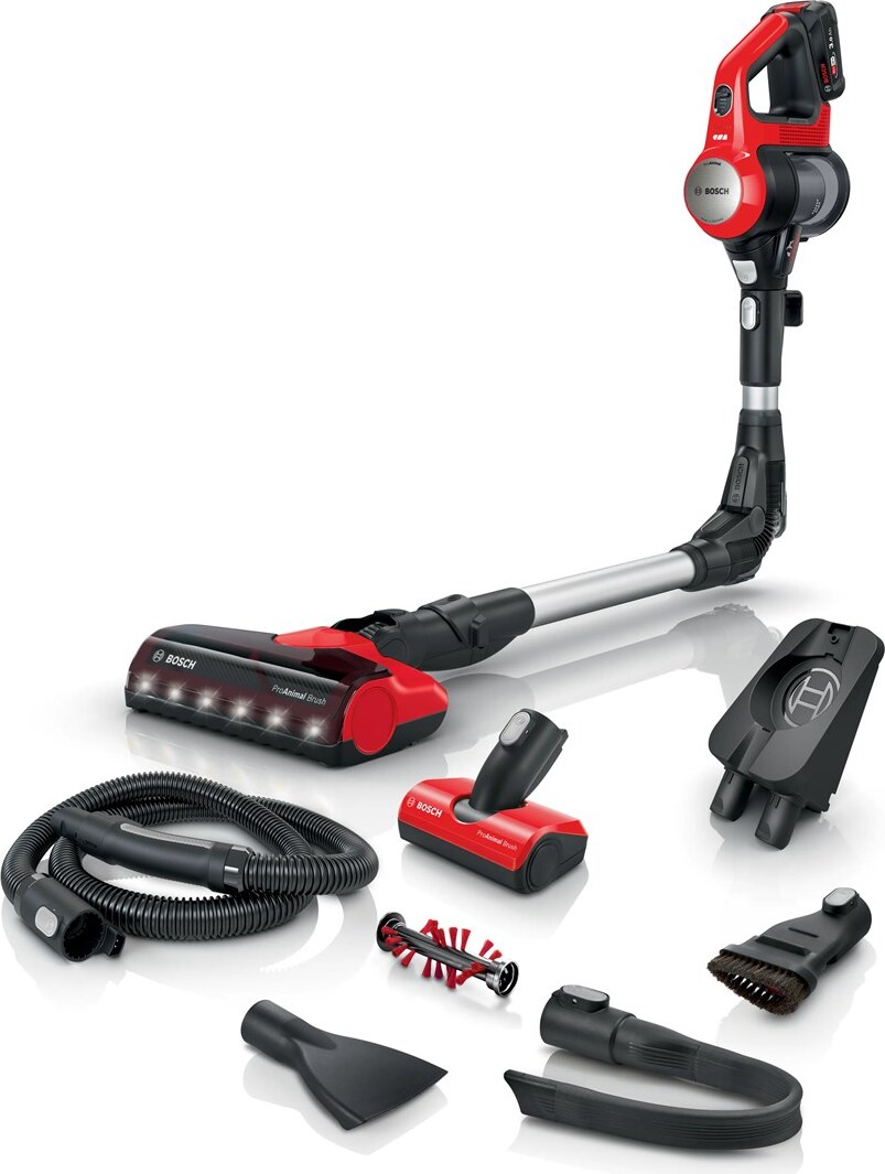 Vysávač, Bosch BCS711PET, akumulátorový ručný vysávač, Unlimited 7, ProAnimal, motor TurboSpin, 3 Ah, 18,0 V, 82 dB(A), kefa AllFloor ProAnimal s LED a mini power kefou, červená