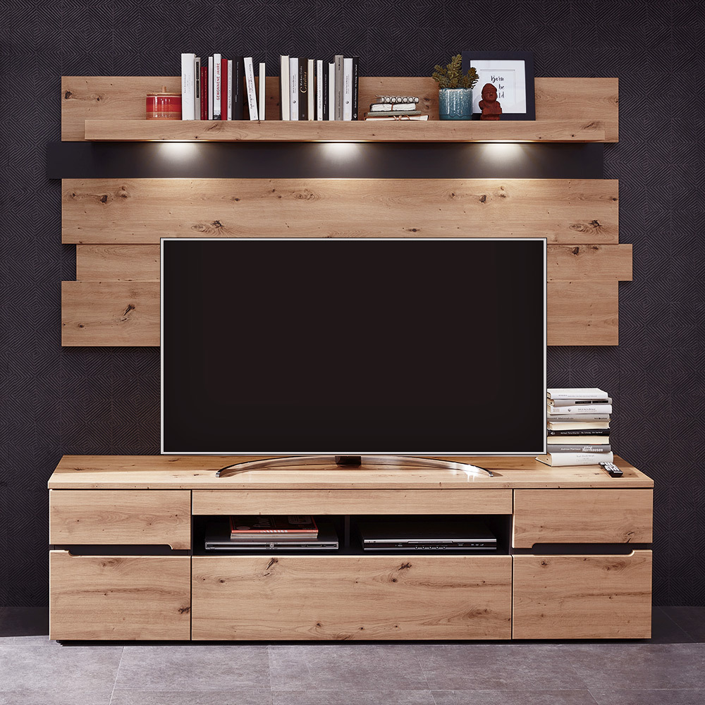 Lomadox TV Lowboard mit Wandpaneel MANRESA-36 in Artisan Eiche Nb. mit Graphit, B/H/T: ca. 202/190/47 cm MANRESA-36-SET9