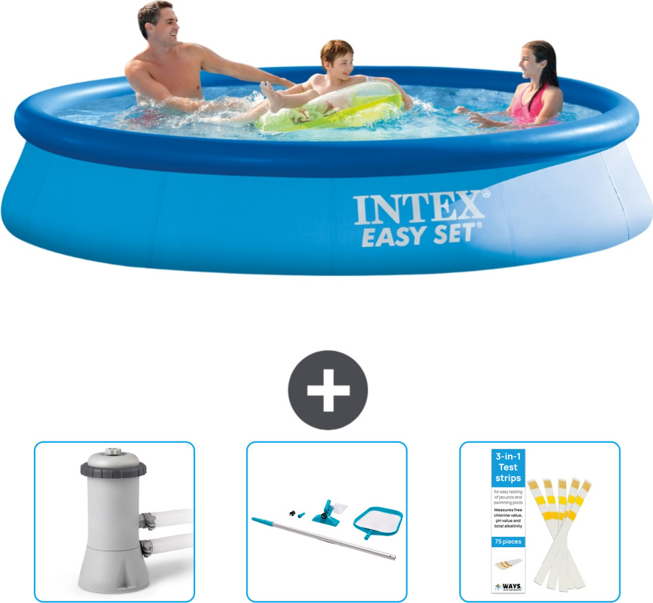 Okrúhly nafukovací bazén Intex Easy-Set - 366 x 76 cm - modrý - dodávaný s filtračným čerpadlom pre bazén - čistiaca súprava - testovacie prúžky