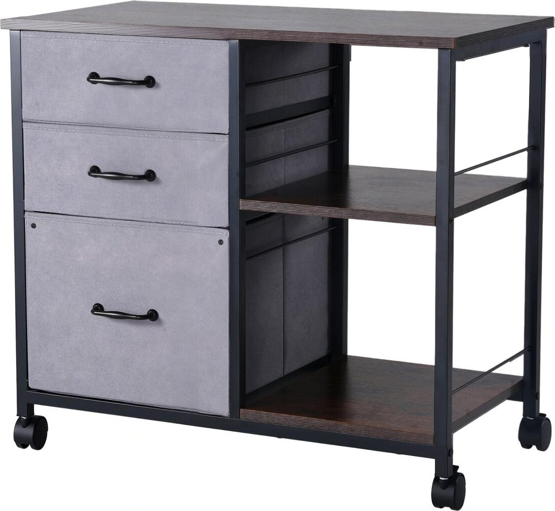 VEVOR Mobiler Metallaktenschrank mit 3 Stoffschubladen und 2 offenen Regalen, braun