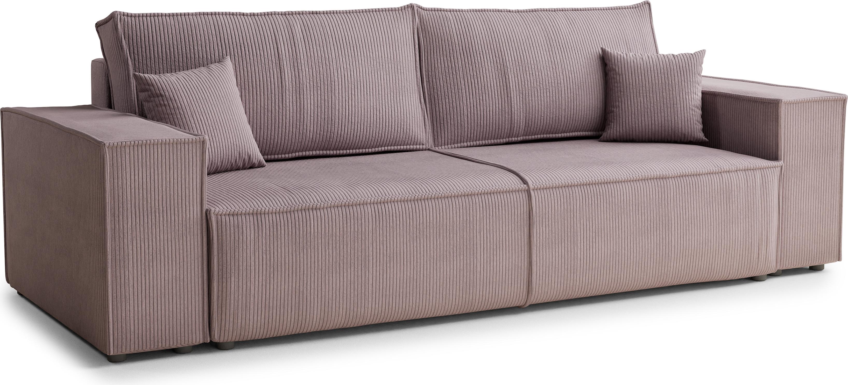 Schlafsofa Livia Interiors Milos 255x105 cm, Sofa mit Schlaffunktion und Bettkasten, 3-Personen Sofa, Sofabett, Samtstoff Poso, Violett Farbe