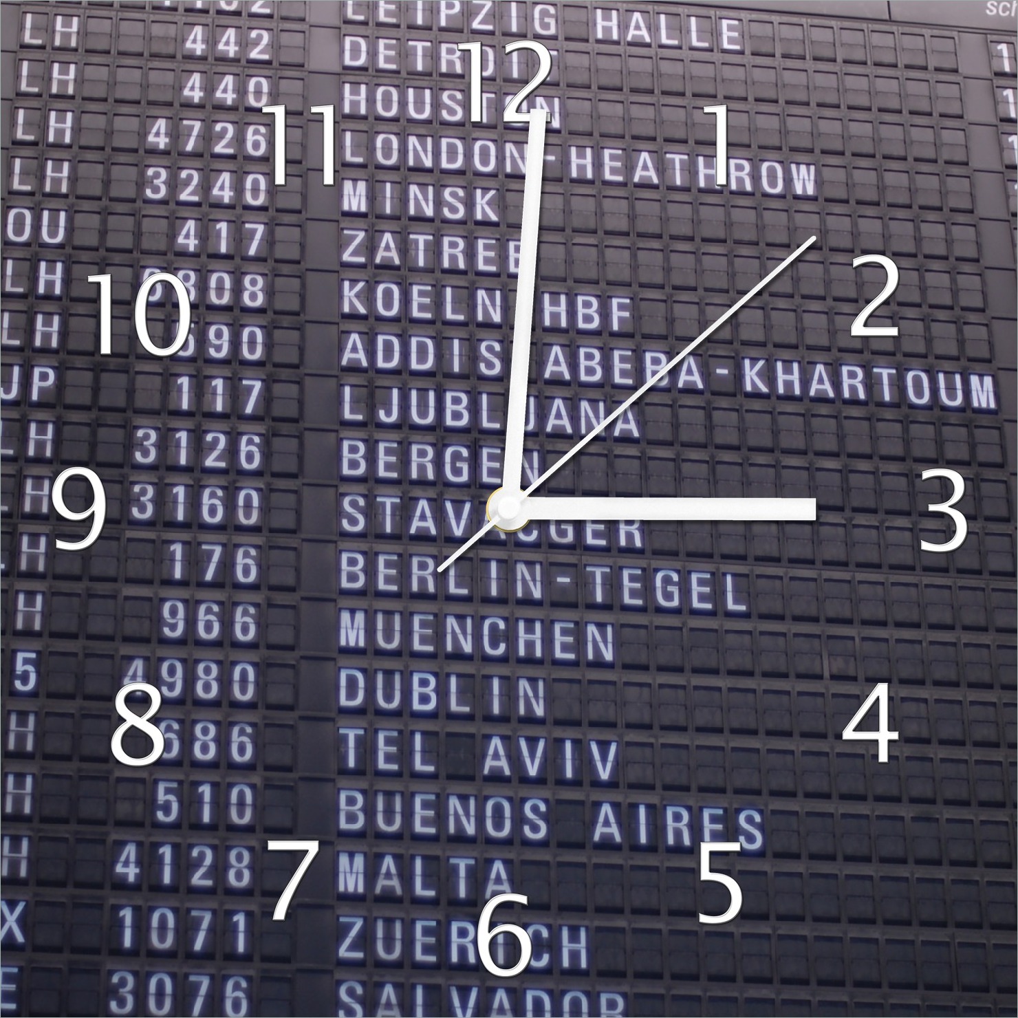 Wallario Design Wanduhr Flughafen Abflugtafel aus Echtglas, Größe 30 x 30 cm guk0065-3030