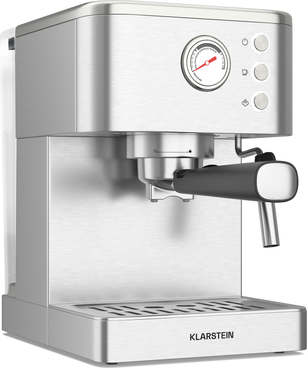 Klarstein SteelPresso kávovar s portafiltrom - 20 barov, 1350 W, nehrdzavejúca oceľ, funkcia pary, 1,5-litrová nádržka na vodu, kompaktný dizajn, mechanické ovládanie, ohrievacia platňa