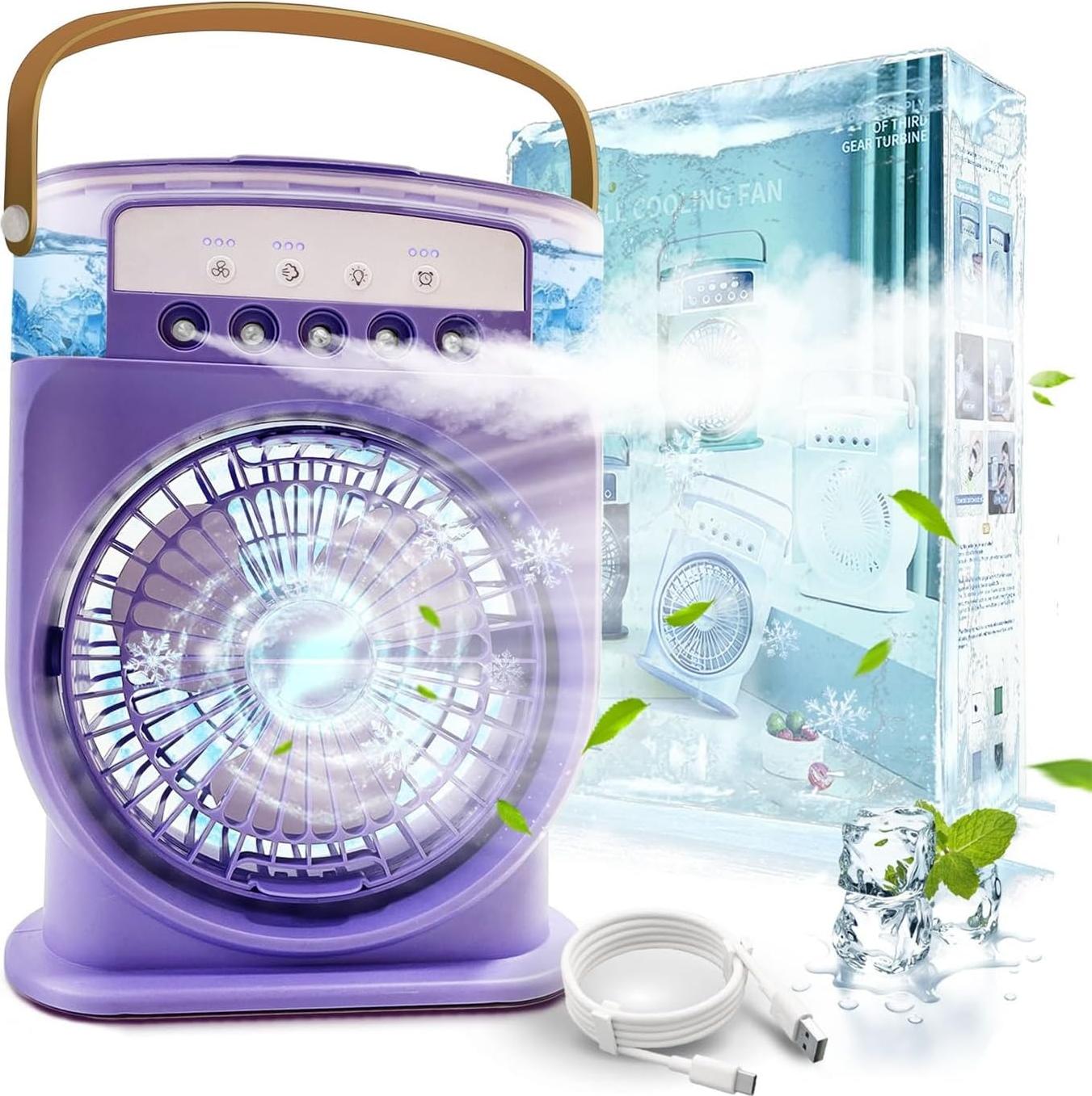 All Curmp 4-in-1 leise tragbare Klimaanlage, Wassernebelventilator, mobile Klimaanlage ohne Abluft, Mini-Klimaanlage, wiederaufladbarer Klimaanlagen-Luftbefeuchter Typ-C mit Timer (lila) [+++]