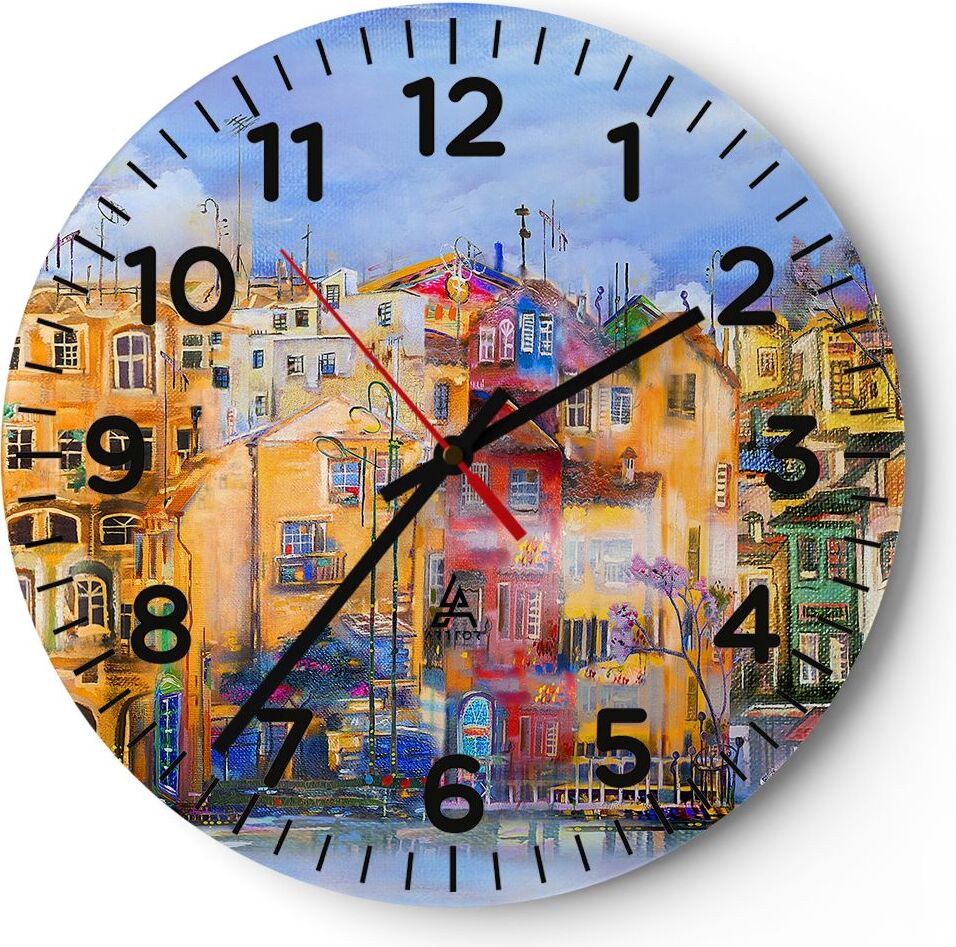 Arttor Wanduhr - Rund - Glasuhr - Altstadt Mietshaus - 30x30cm - Schleichendes Uhrwerk - Lautlos - zum Aufhängen bereit - Dekoration Modern - Wanddekoration aus Glas - C4AR30x30-3419