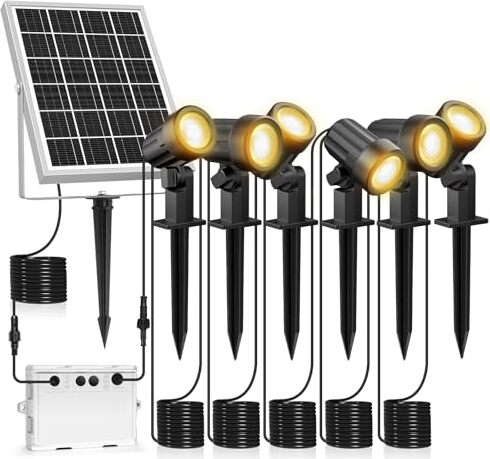 MEIKEE solárne reflektory balenie 6 2700 K teplá biela záhradné svetlo zemný hrot IP66 vodotesné 3 jas 2 režimy osvetlenie 6000 mAh vonkajšie svetlá