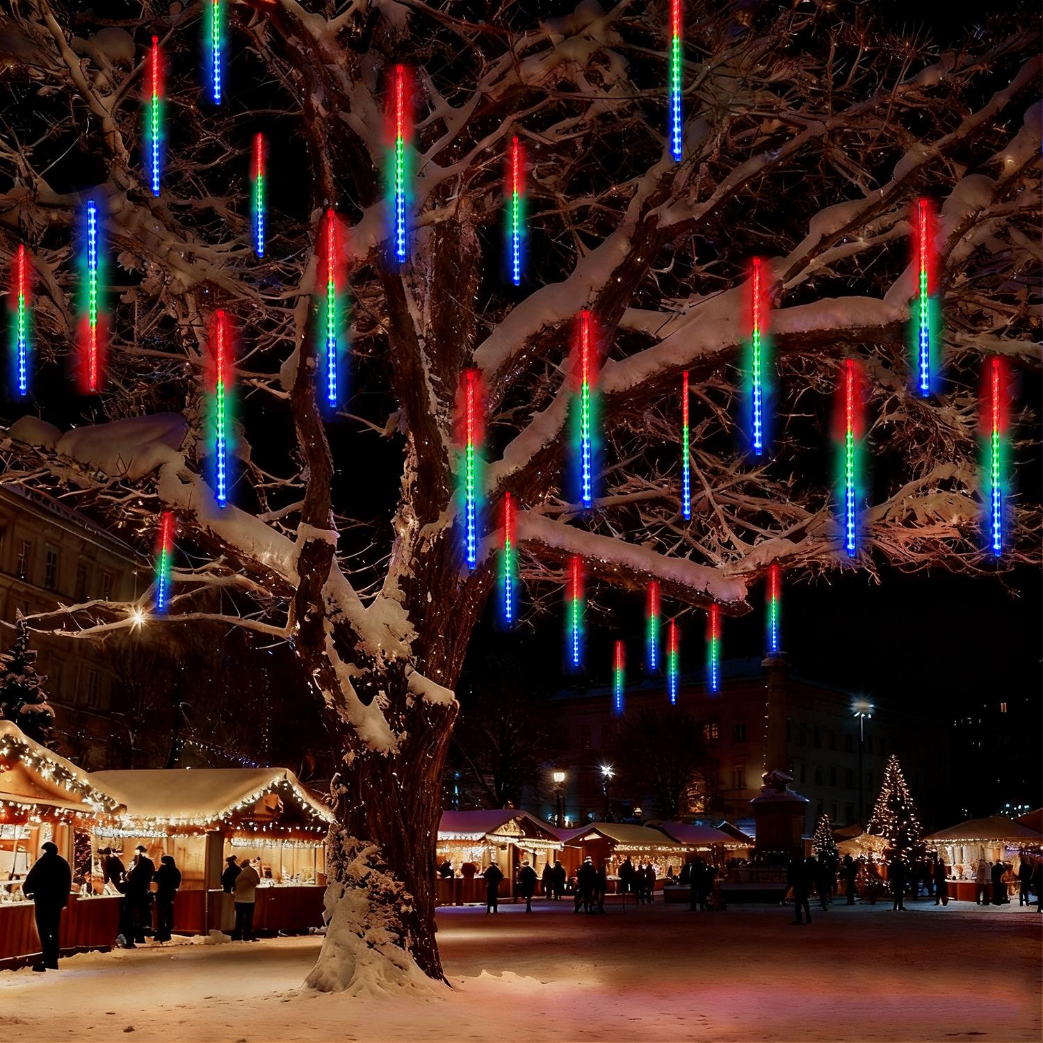 ROSNEK 192 LED Meteorschauer Lichterkette Meteor Eiszapfen Lichter Weihnachten Garten Deko, Bunt