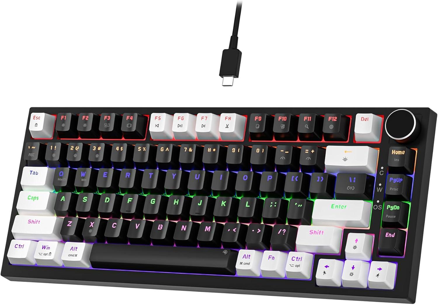 NEWMEN Mechanische Tastatur mit Kabel,Tastatur 75 Prozent,TKL Hot Swap LED Beleuchtung USB C Mechanische Tastaturen mit Knopf,für PC/Win/Mac,QWERTY Layout