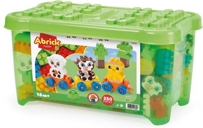 Baukasten Bauernhof Abrick Ecoiffier, 250 Teile, ab 18 Monaten, mit Zug und 3 Tieren zum Bauen: Schaf, Kuh und Küken ECO3280250013693