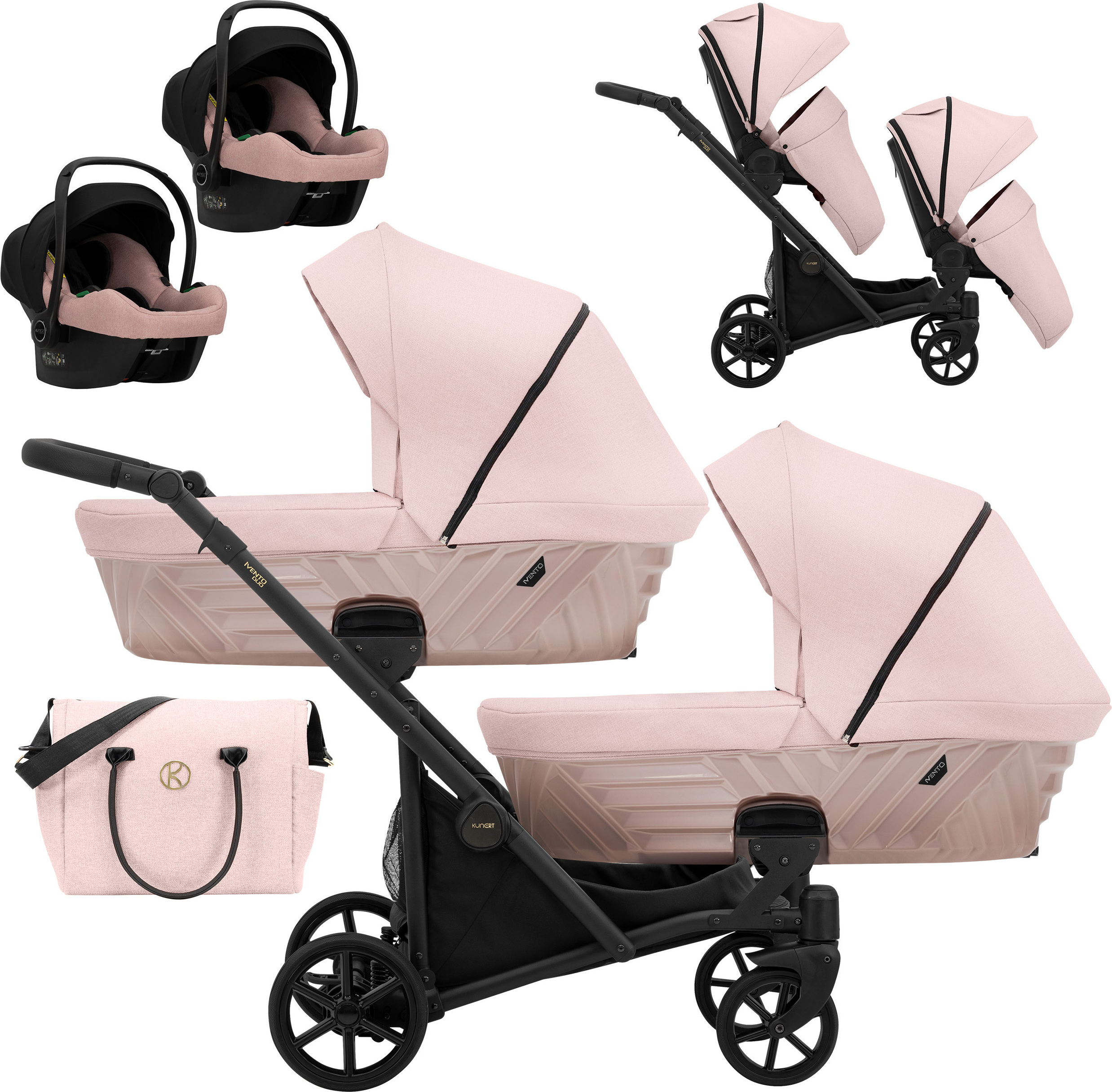 Kinderwagen IVENTO DUO 3 in 1 Komplettset Zwillingskinderwagen Geschwisterwagen Zwillingsbuggy Doppelkinderwagen (Smoky Pink, Rahmenfarbe: schwarz)