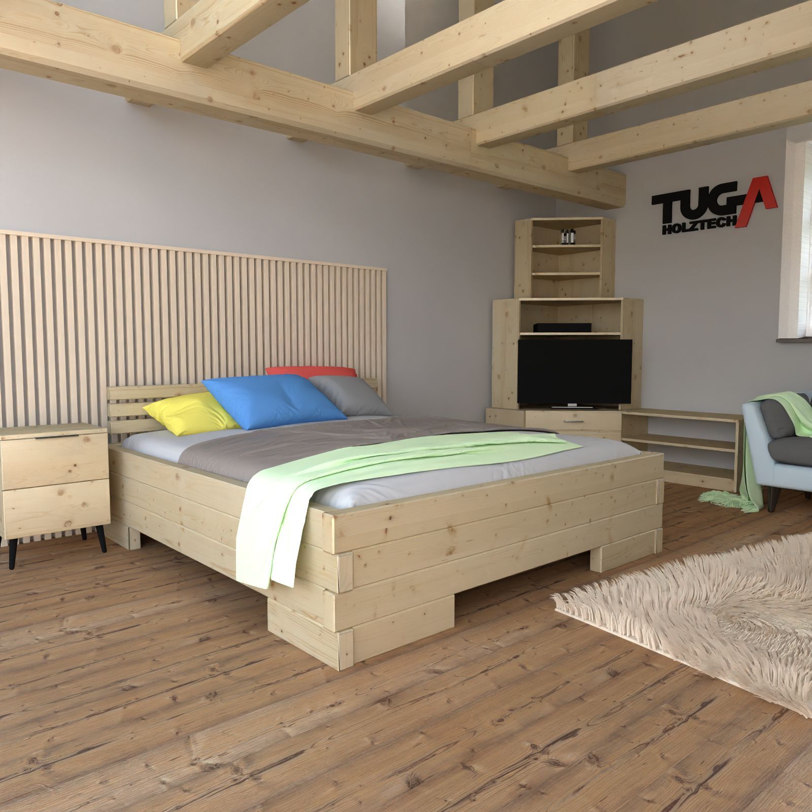 Massivholzbett Balkenbett Holzbett (Fichte) 