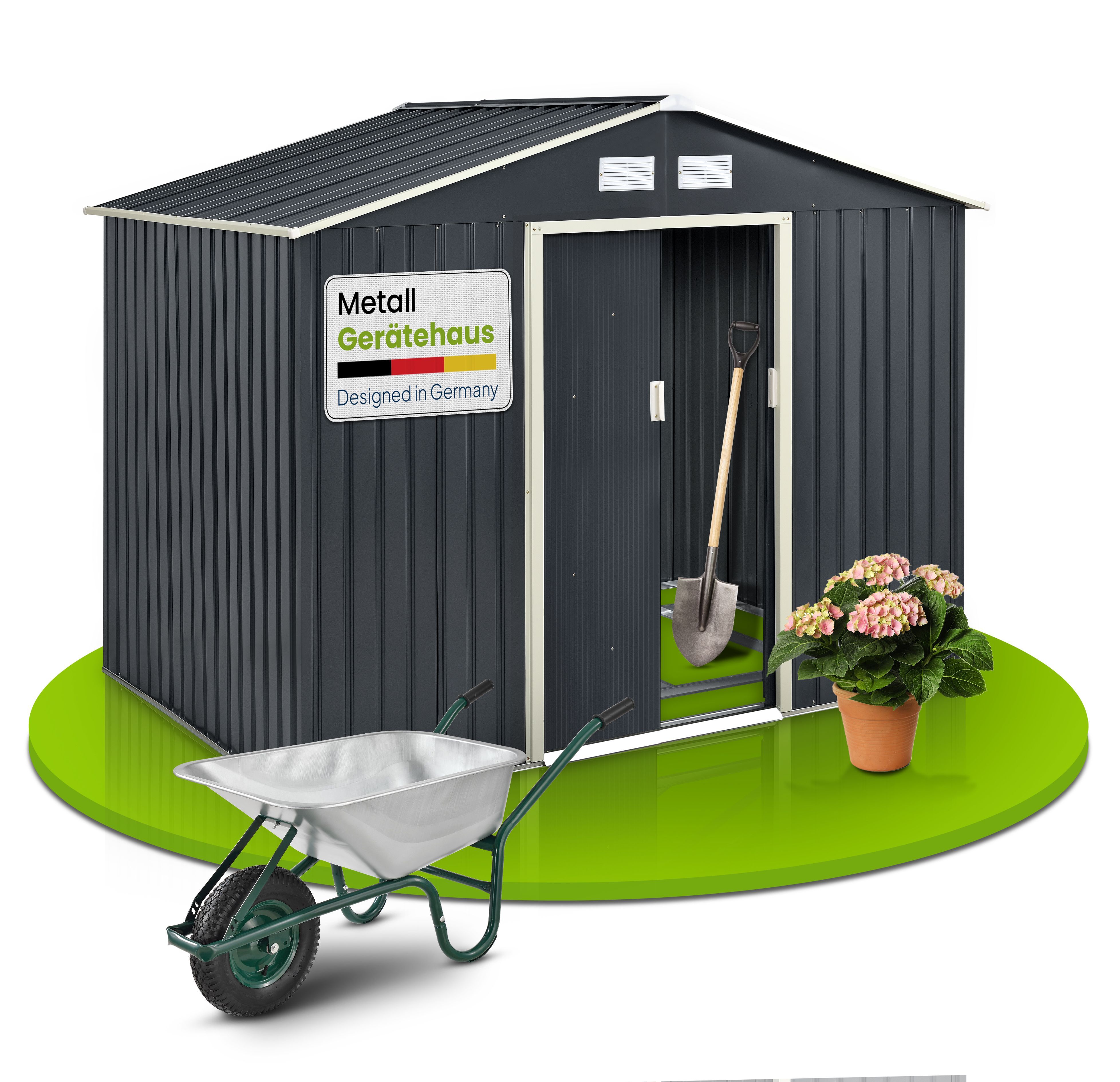 Juskys Metall Gerätehaus XL mit Satteldach, Tür & Fundament - 9m³ groß - Anthrazit 21051