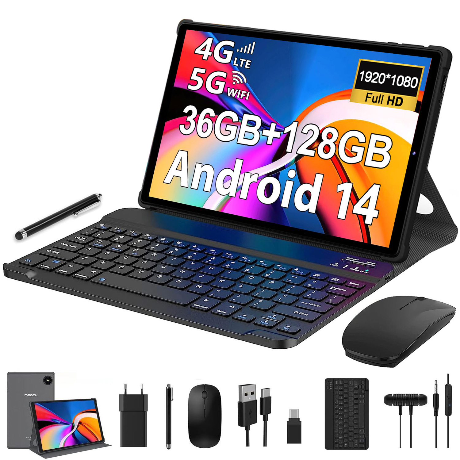 Tablet 10 Zoll mit Tastatur und Maus MAGCH, 36GB+128GB(1TB TF), Octa-Core, Android 14.0, 1920*1200 FHD, 4G LTE/SIM/5G WIFI, 8000mAh, 13MP+8MP, Grau L60