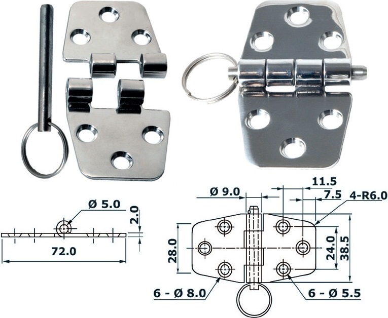 Osculati Scharnier herausragender Kern 72x38,5mm , 1 Stück 38.441.51