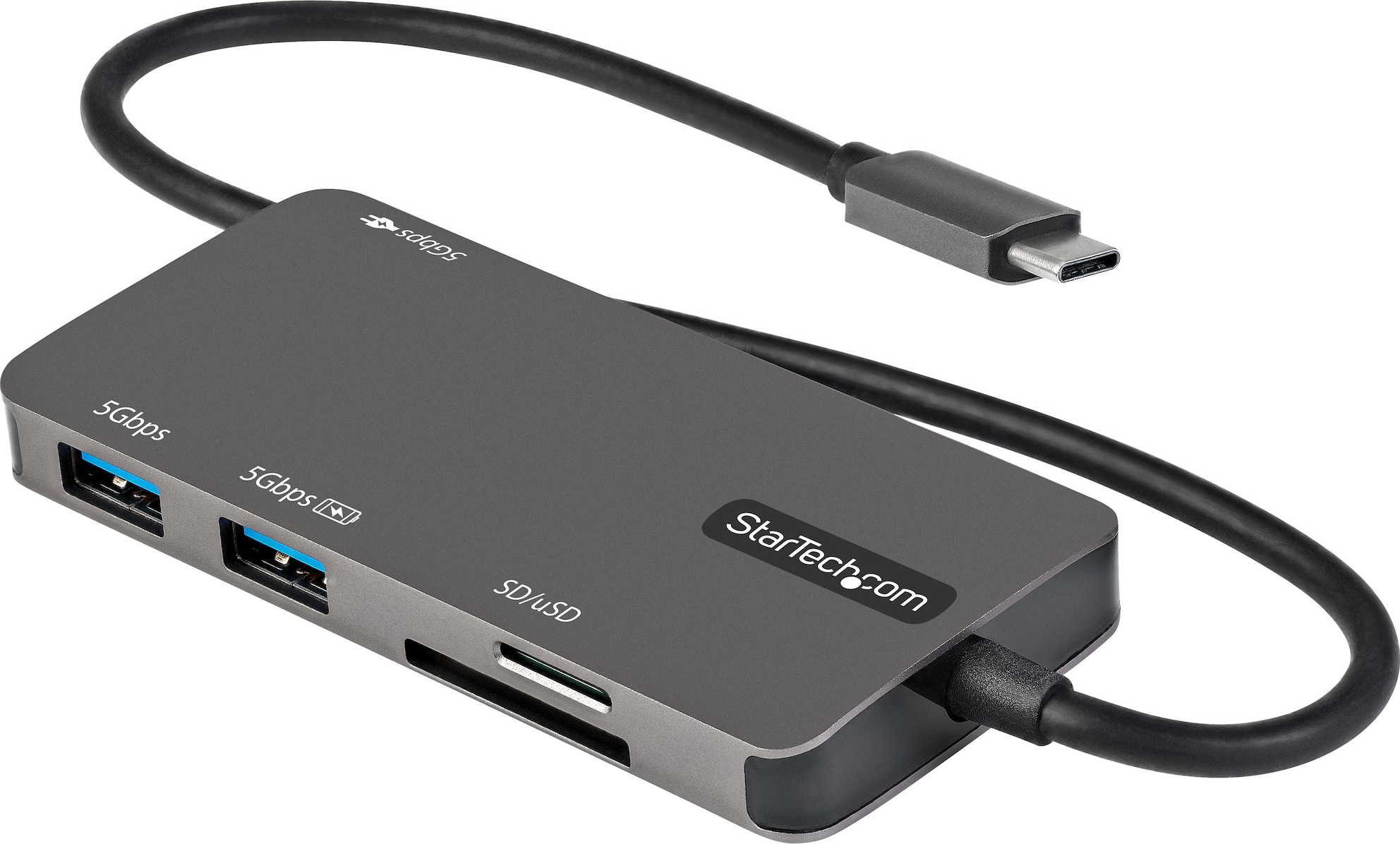 StarTech.com USB-C-Multiport-Adapter - USB-C auf 4K HDMI - 100W Power-Delivery-Pass-Through - SD/MicroSD-Steckplatz - 3 Port USB 3.0 Hub - USB-C Mini-Dock - 30 cm langes angeschlossenes Kabel - Kabelgebunden - 100 W - Grau - MMC - MicroSD (
