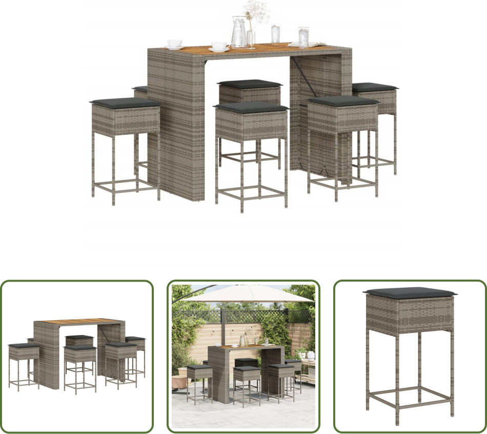 The Living Store 7-dielny záhradný barový set s vankúšmi sivý polyratan