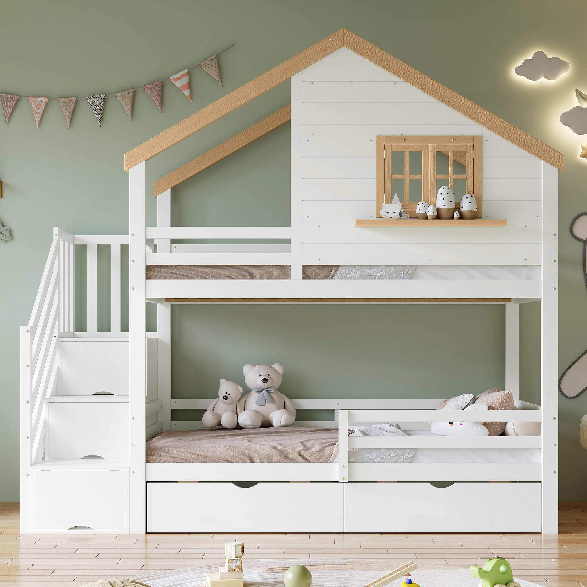 Letto A Soppalco 90x200 Cm In Pino – 3 Posti Letto Con Scala Cassettoni E Ringhiere Di Sicurezza