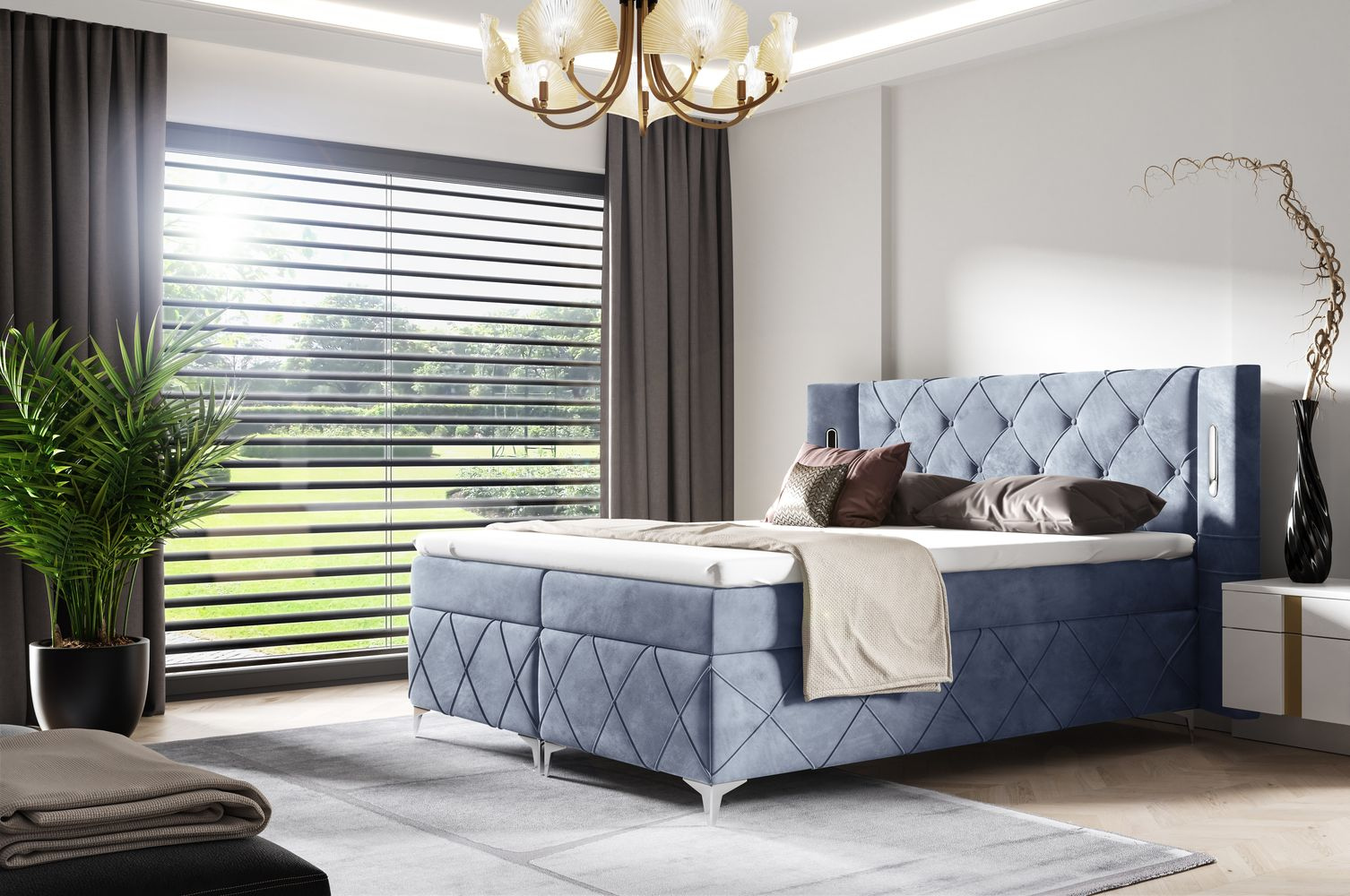 Čalúnená manželská posteľ 180x200 GELA - modrá + topper ZDARMA