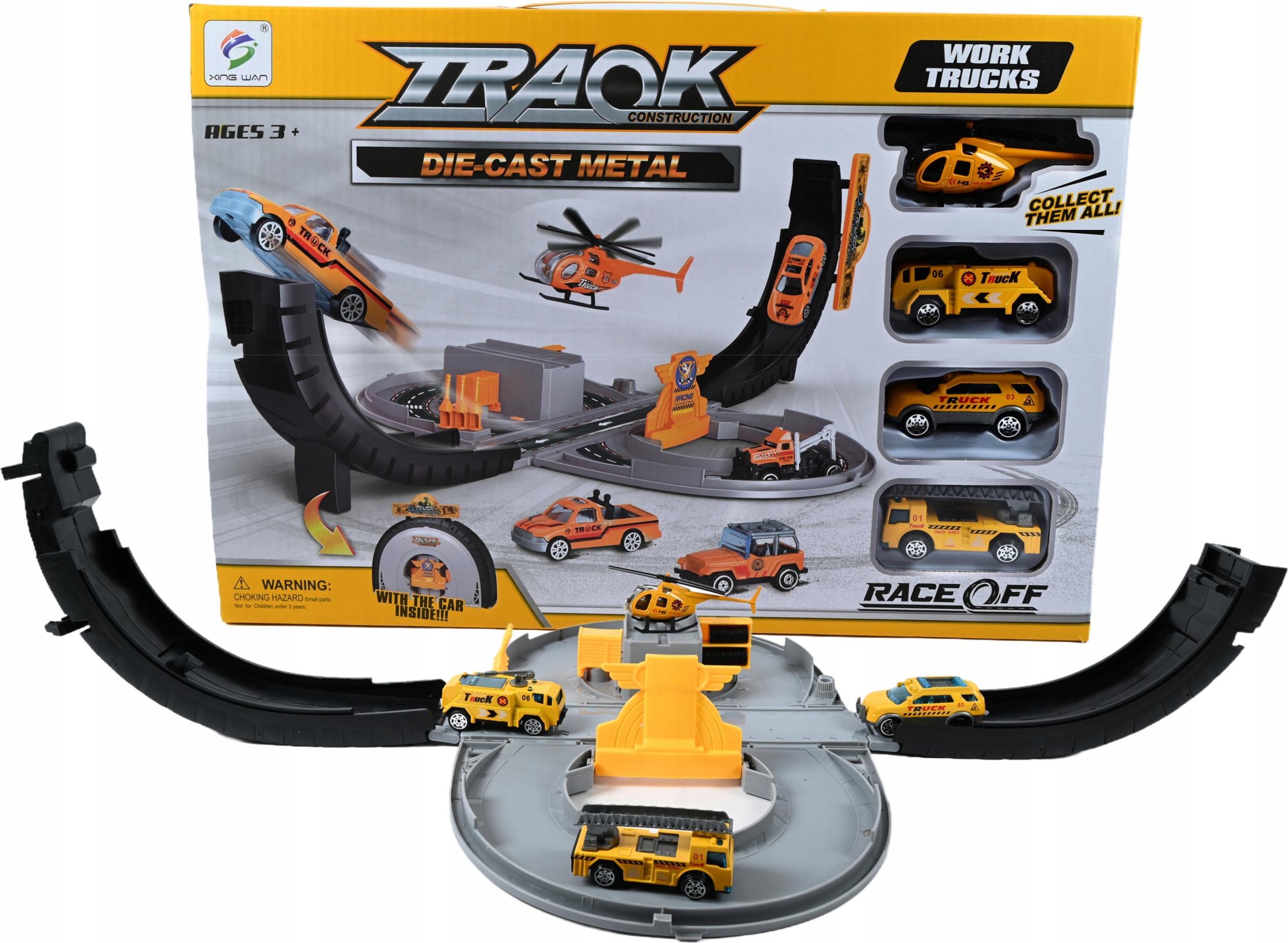 Midex Baustelle Rennbahn Set - Stunt Track mit 4 Baustellenfahrzeugen & Rampe Kinder