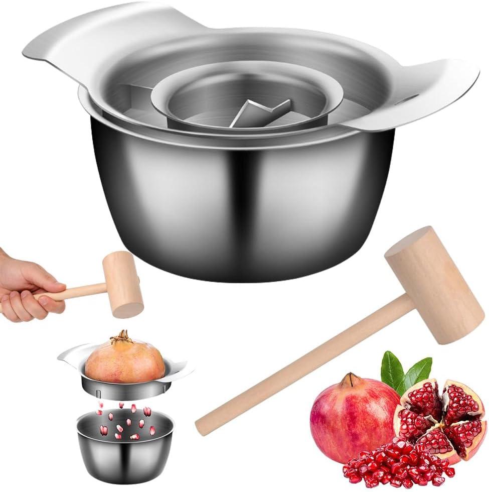 Markenlos Granatapfelentkerner Set aus Edelstahl mit Schüssel und Holzhammer – Granatapfel Schäler, Entkerner und Öffner, Entferner für Granatapfelkerne, Rutschfest, Einfaches Schälen und Entsaften für die Küche