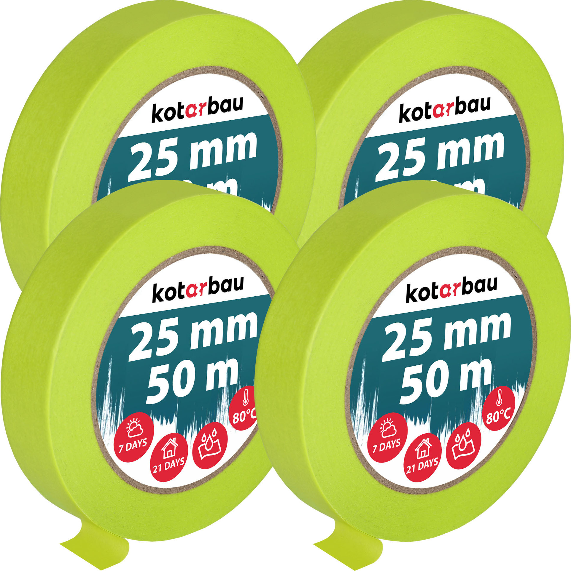 KOTARBAU® 4er Set Neon Malerkrepp 50 m Kreppband 25mm Malerband Abklebeband Maler Klebeband Maler Zubehör Fluoreszierendes Grün Kreppapier Malerbedarf