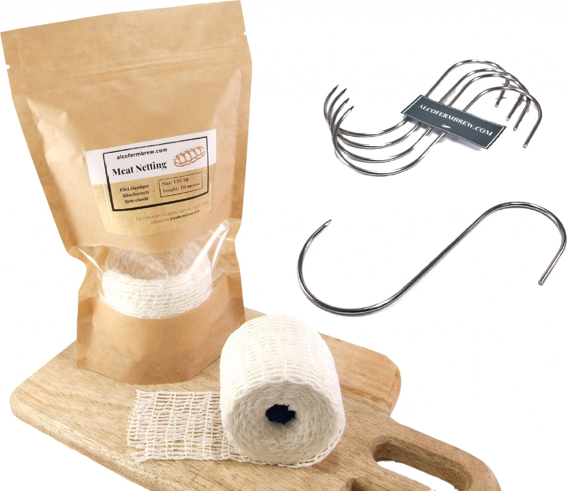 Alcofermbrew Fleischnetz 125mm / 10m + Fleischhaken x 5 - Schinkennetz, Räuchernetz, Fleischhaken