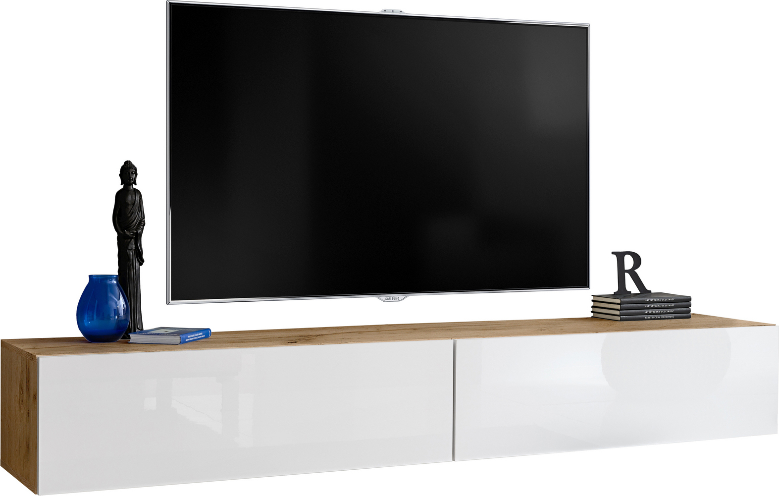 Extreme Furniture Komodee | TV-Bank Loreto Zwei Hängeschränke, Korpus Wotan Matt Frontfarbe Weiß Hochglanz T34-200cm - Wotan/White