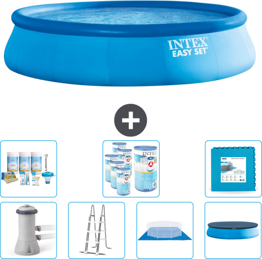 Intex okrúhly nafukovací bazén Easy Set - 457 x 107 cm - modrý - vrátane čerpadla - rebríka - podlahovej plachty - krycieho balíka na údržbu - filtra - dlažby