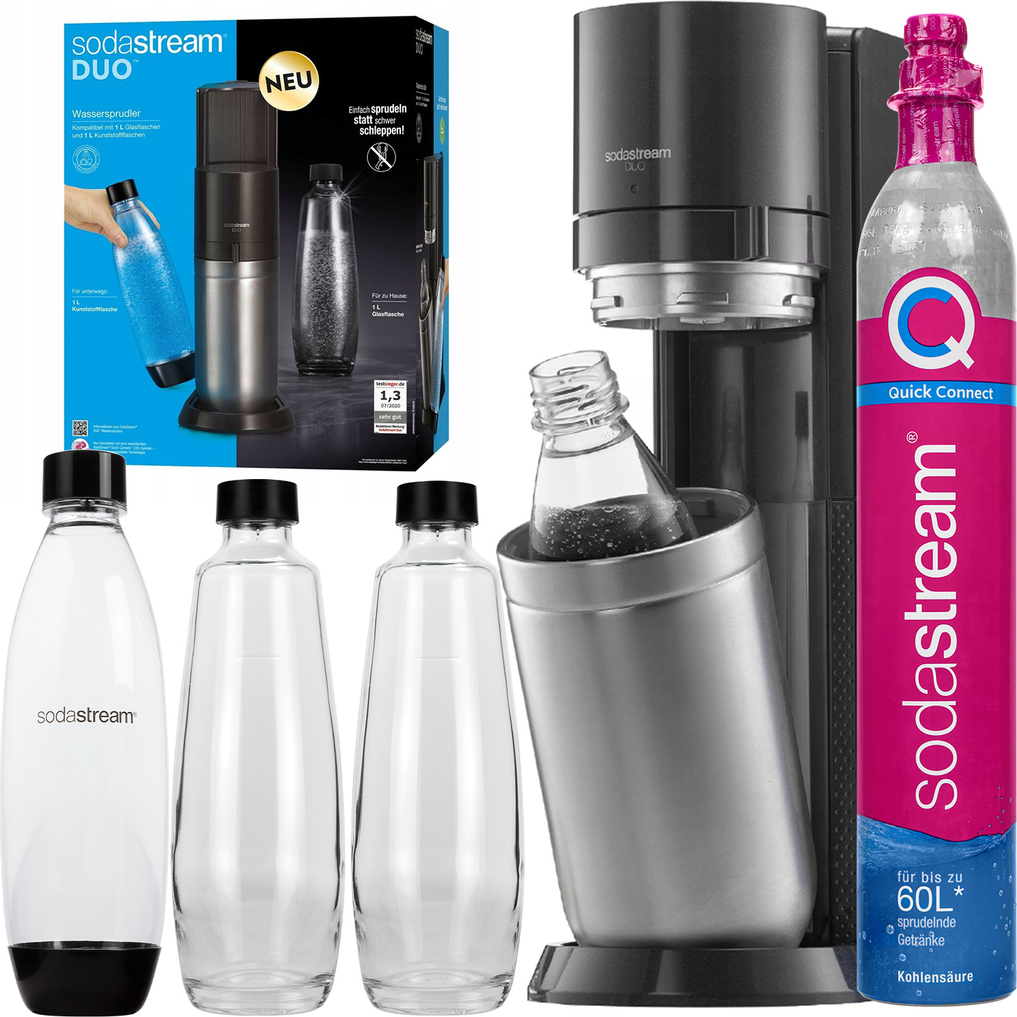 Výrobník sódy SodaStream Duo Titan 2 fľaše + CO2 kartuša + DUO sklenená karafa 1L