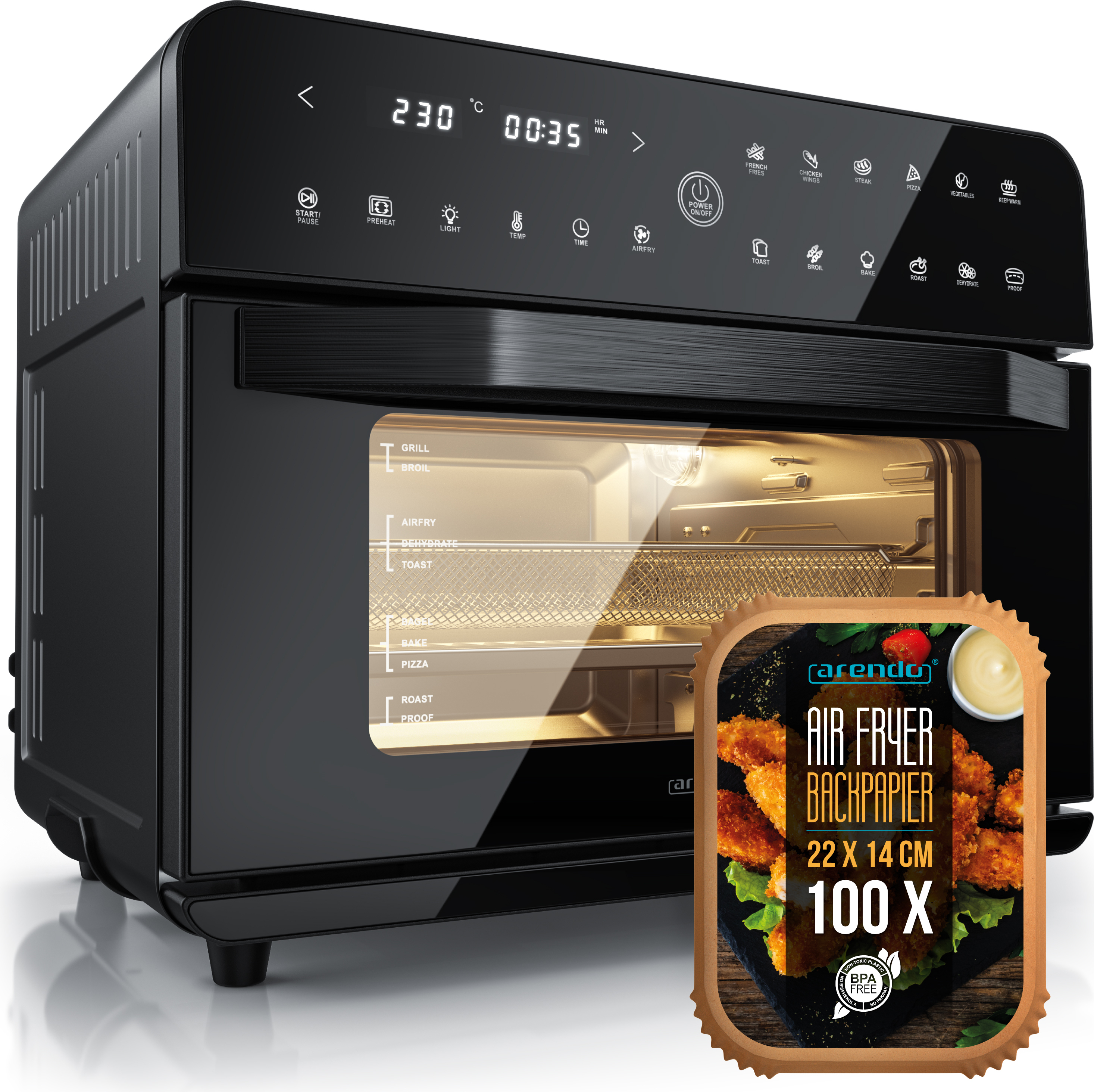 Arendo mini rúra, multifunkčná rúra Airfryer 25L z nehrdzavejúcej ocele, XXL teplovzdušná fritéza 1800W, mini rúra s papierom na pečenie, plechom na pečenie, plechom na sušenie, mriežkou, fritovacím košom