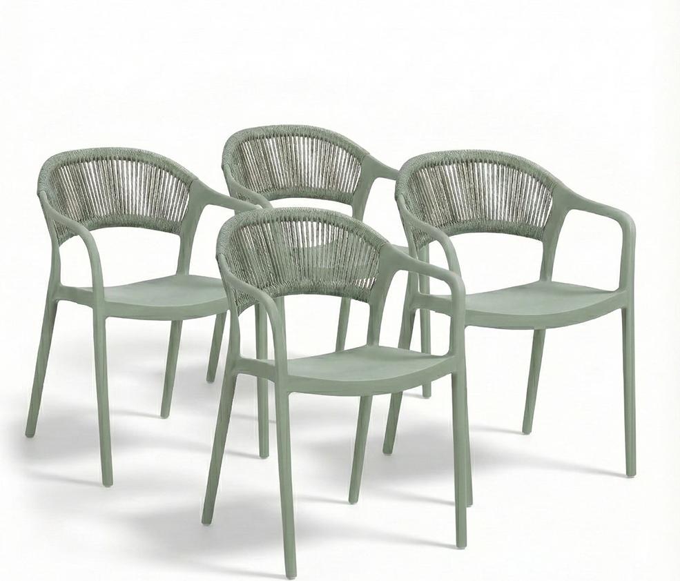 Set aus 4 Gartenstühlen aus Polypropylen mit Glasfaser und Rückenlehne aus geflochtenem Seil, stapelbare Stühle wetterbeständig für Garten, Terrasse, Balkon, Bar und Restaurant - Jolanda - Grün Image
