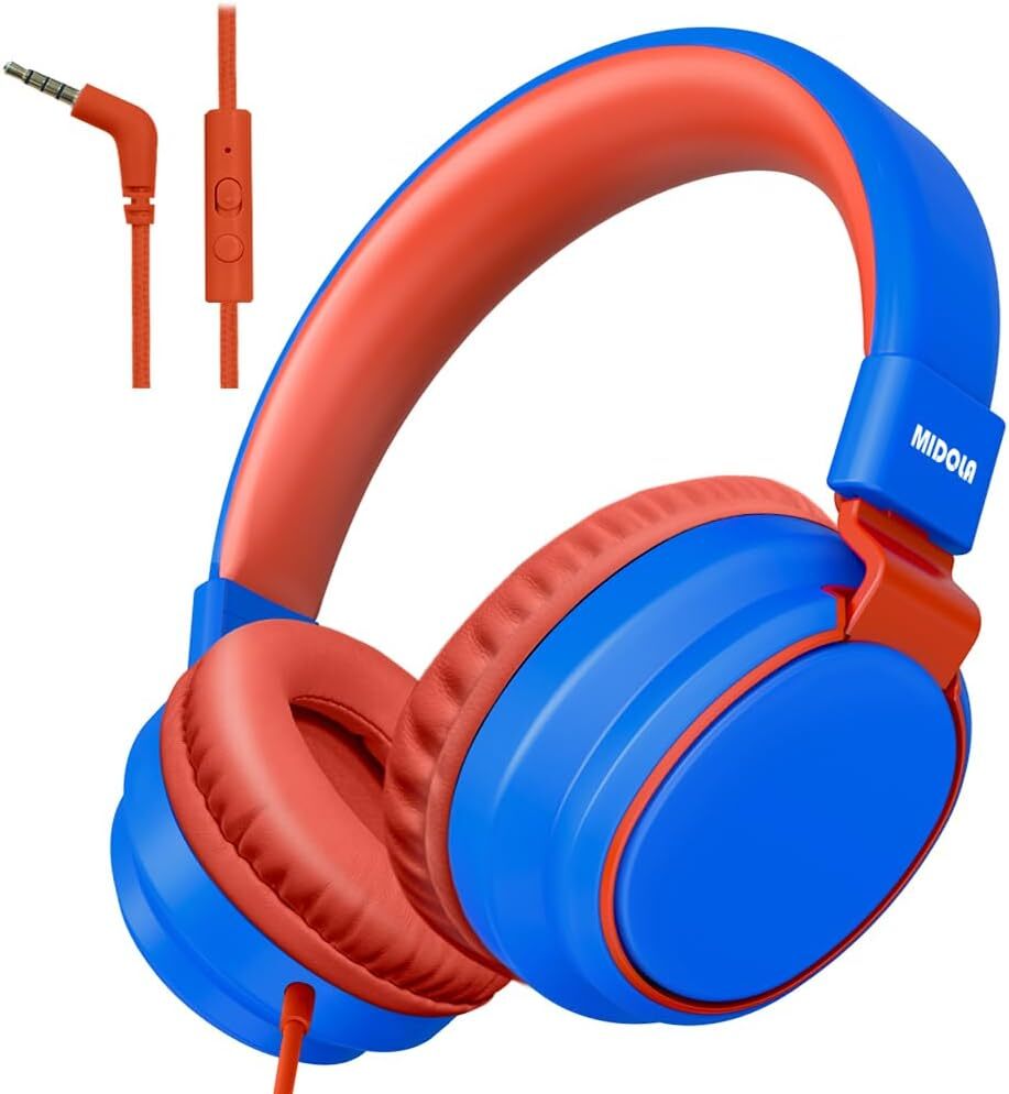 Detské slúchadlá MIDOLA, drôtové, obmedzenie hlasitosti 85/96 dB, cez uši/na uši, skladacie slúchadlá s inline káblom, mikrofón na kábli AUX 3,5 mm