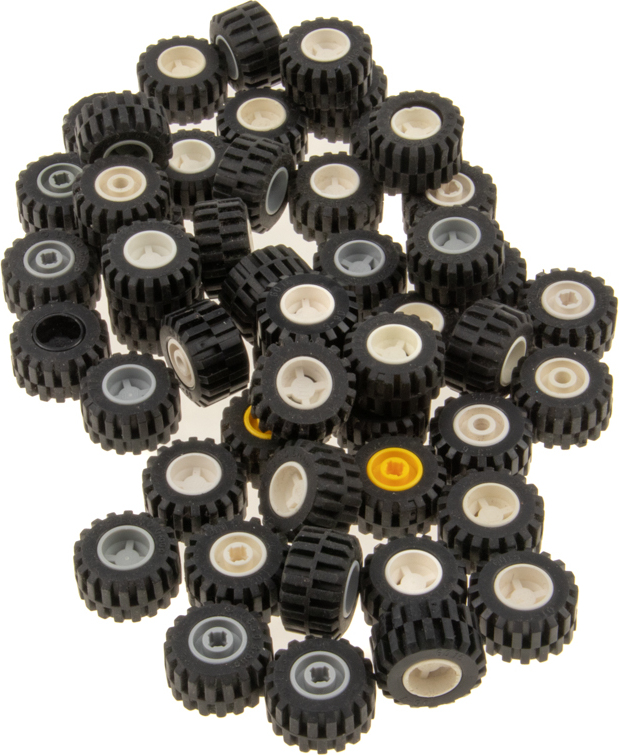50x Lego Roues Pneus 21mmx12mm Jante mélangée au hasard