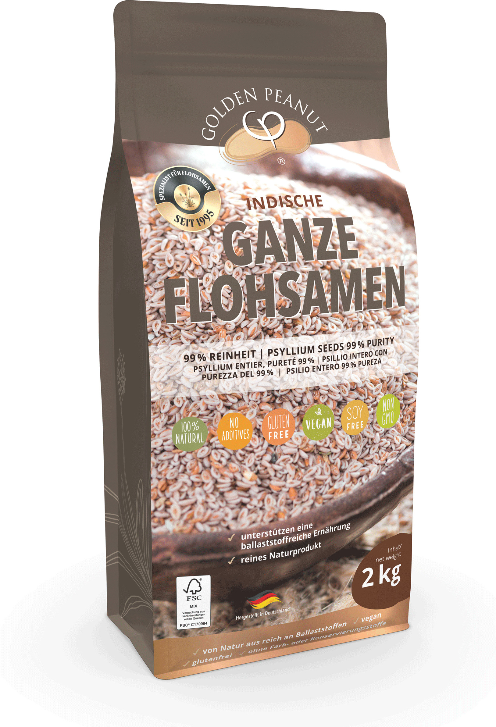 GOLDEN PEANUT Flohsamen ganz 2 kg - 99% Reinheit, ballaststoffreich, zusatzfrei, aus Indien, vegane und glutenfreie Backzutat 11007-03