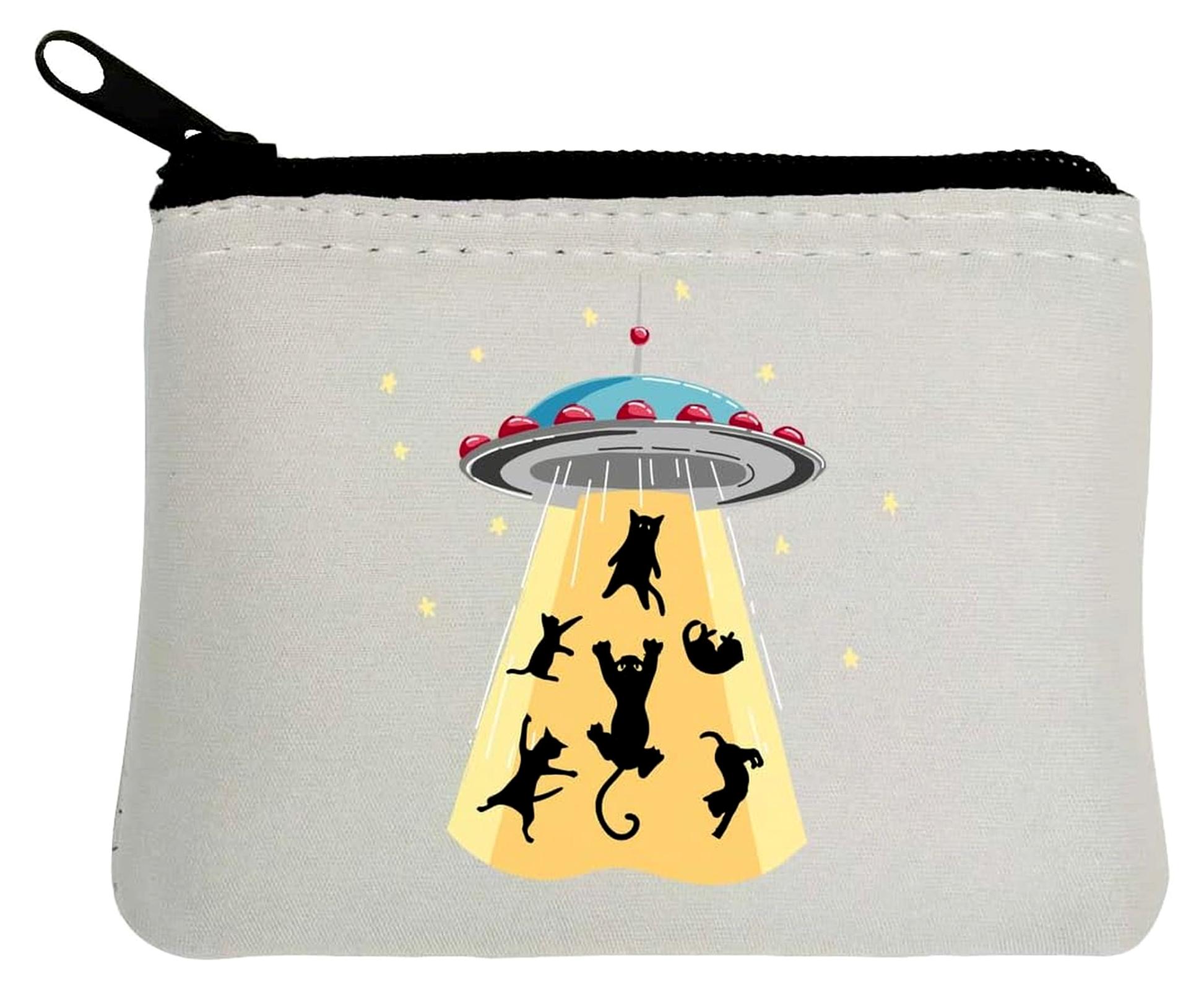 Markenlos Cats Alien Abduktion Funny UFO Graphic Neopren Münzgeldbeutel 10 x 11 cm Weiß