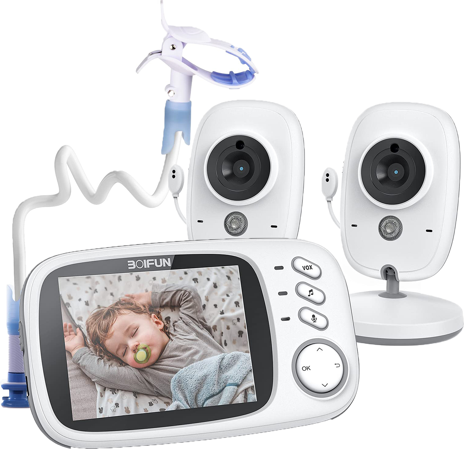 ZREE BOIFUN Babyphone mit 2 Kameras, 3,2 Zoll, mit Temperatur, Gegensprechanlage, Schlaflied, VOX, Ständer (kann nicht gleichzeitig angezeigt werden)
