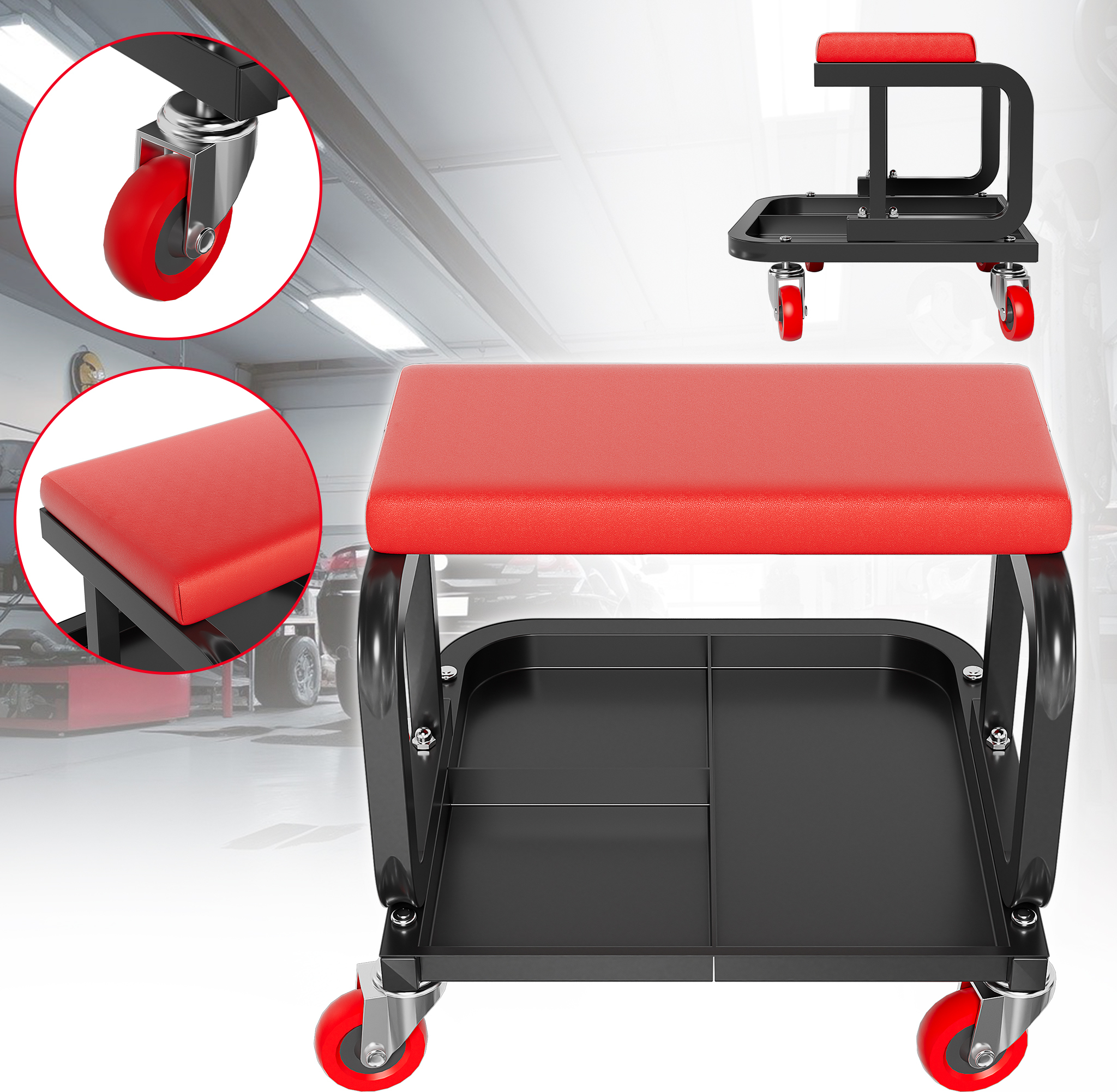 Relaxdays Werkstatthocker Mit Ablage - Gepolstert 100kg 4 Rollen Schwarz-Rot