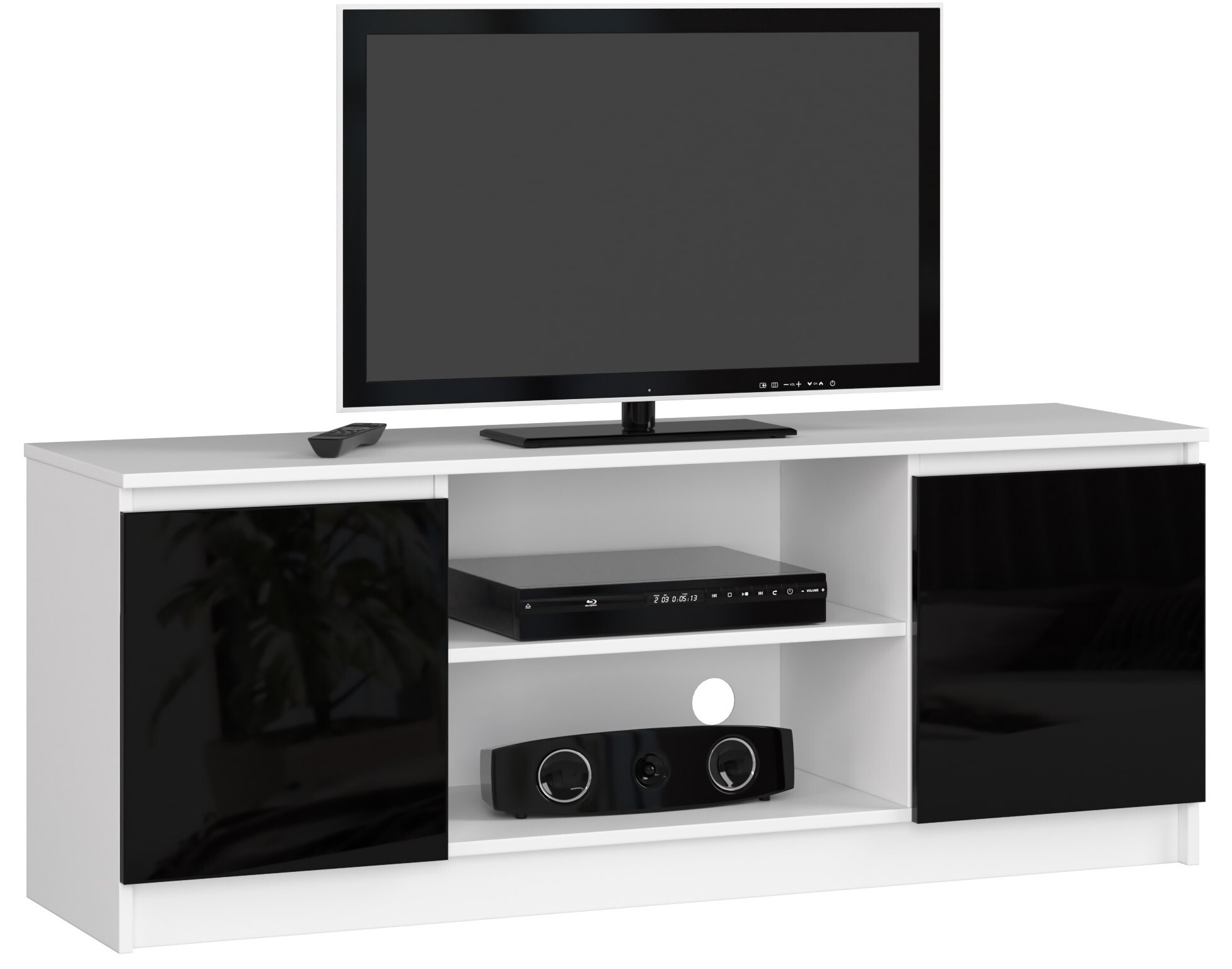 TV Schrank AKORD Fernsehkommode 140 cm Weiß, Schwarz Glanz B140 x H55 x T40 cm OP0LRTV140POCZARN
