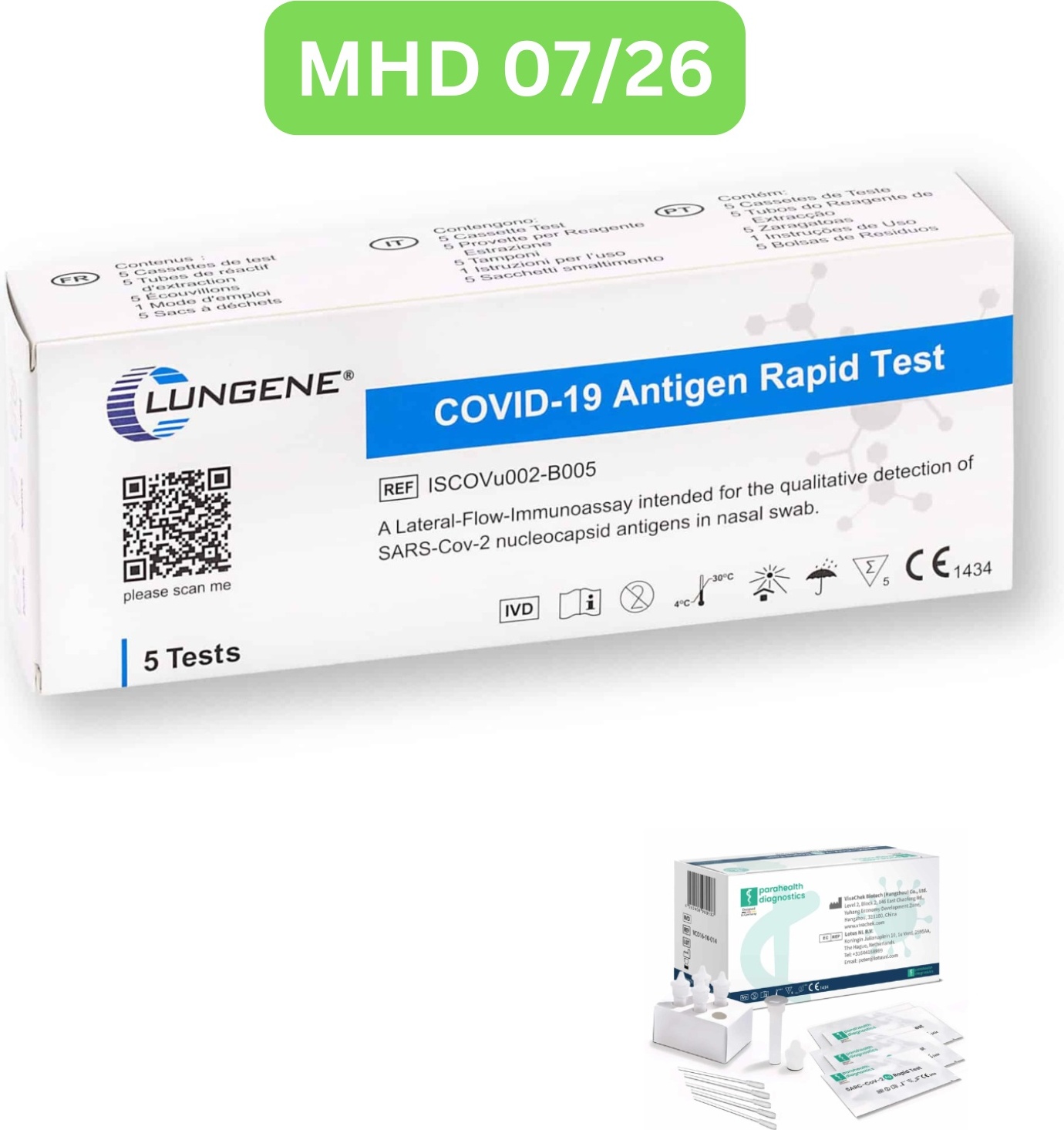 Clungene Covid-19 Corona Antigen Schnell-Selbsttest (Laientest) 5 Stück MHD 07/26| 1x 5er Pack | ID: 2099 | GRATIS parahealth Tests (5 Stück, MHD 12/25)