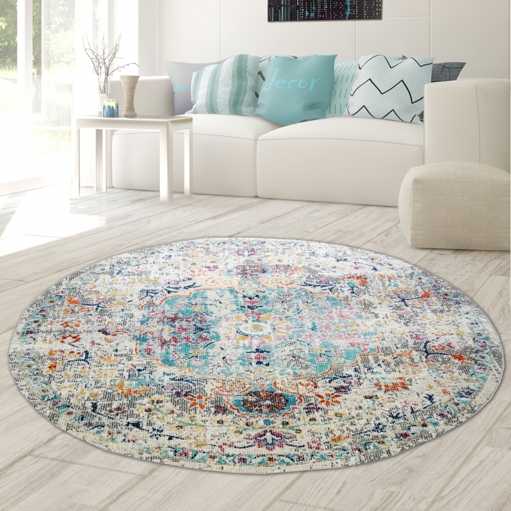 Teppich-Traum Teppich Orient Teppich Outdoor Wohnzimmerteppich Vintage bunt Größe - 120 cm Rund 20157/0953