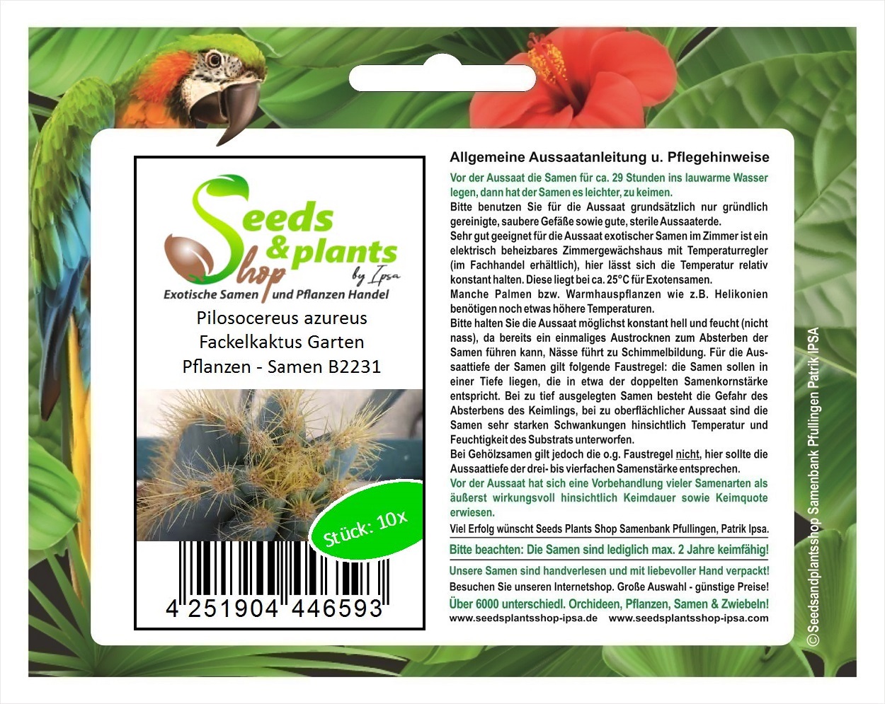Seeds & Plants Shop by Ipsa 10x Pilosocereus azureus Fackelkaktus Garten Pflanzen - Samen B2231