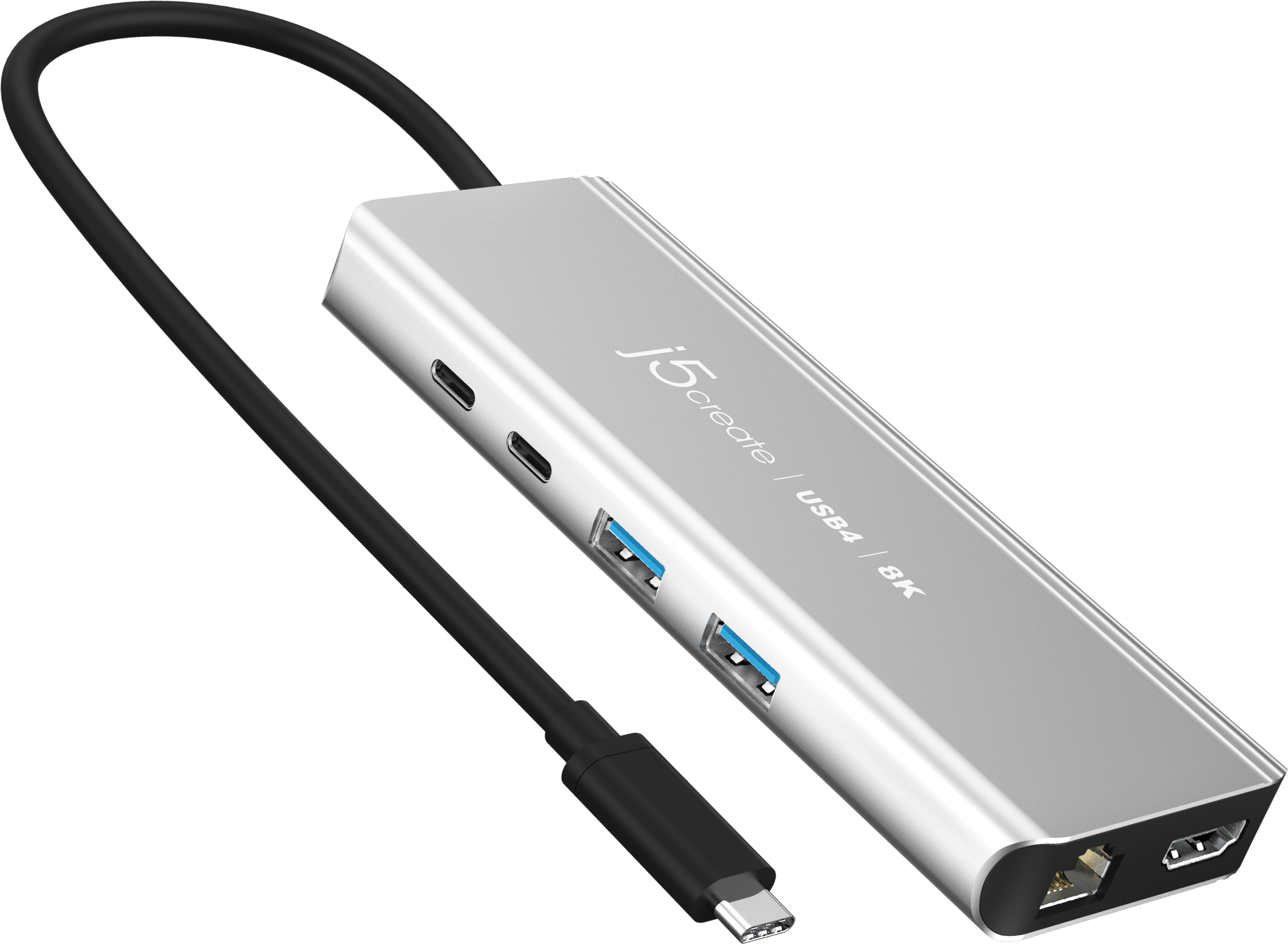 j5create JCD403-N USB4®-8K-Multi-Port-Hub - USB Typ-C - HDMI - RJ-45 - USB 3.2 Gen 2 (3.1 Gen 2) Type-A - USB 3.2 Gen 2 (3.1 Gen 2) Type-C - 10000 Mbit/s - 3840 x 2160 - 7680 x 4320 - 7680 x 4320 Pixel - Grau
